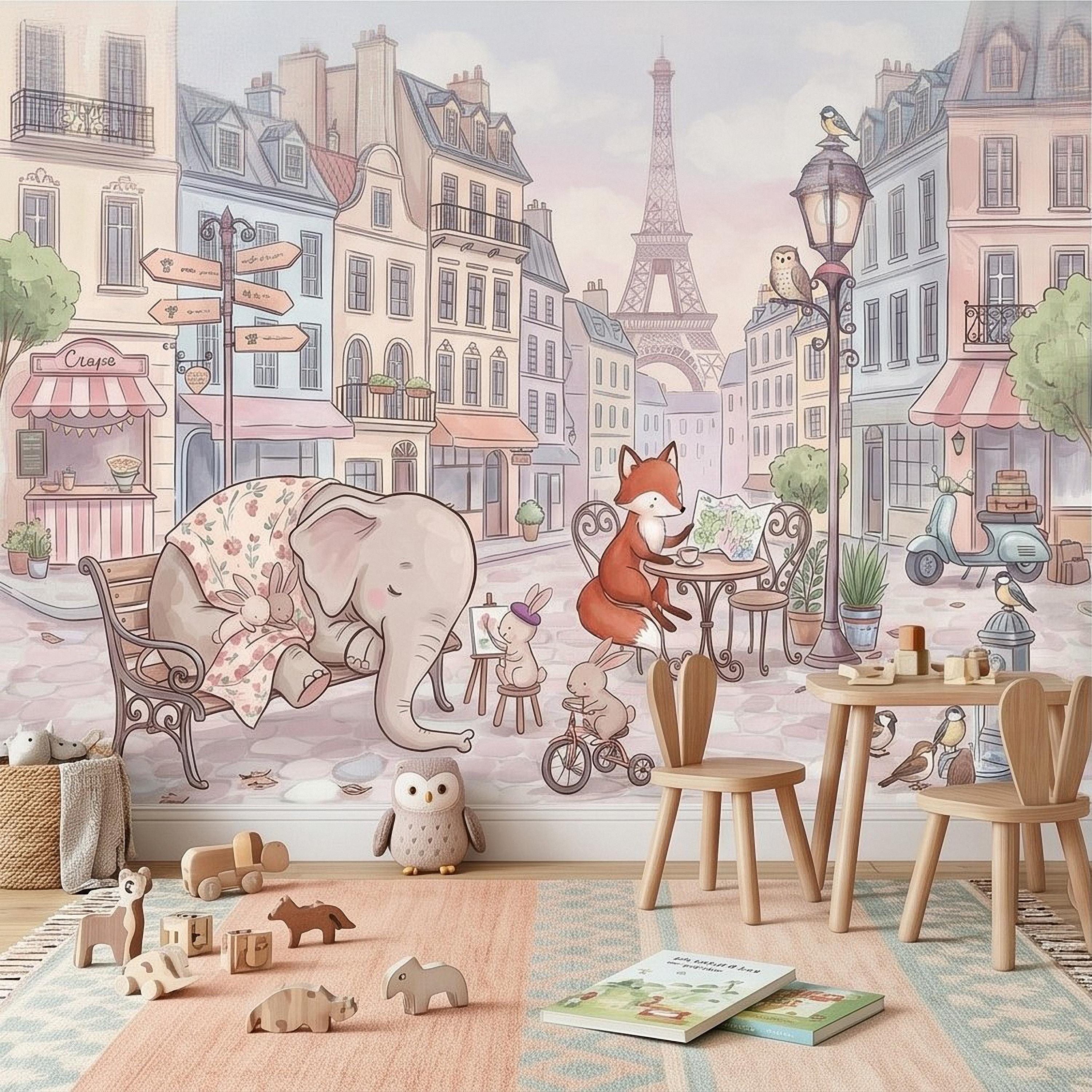 Watercolor Paris Peel and Stick Wall Mural, Cute Animal Friends by the Eiffel Tower, Charming French Street Scene Nursery Wallpaper