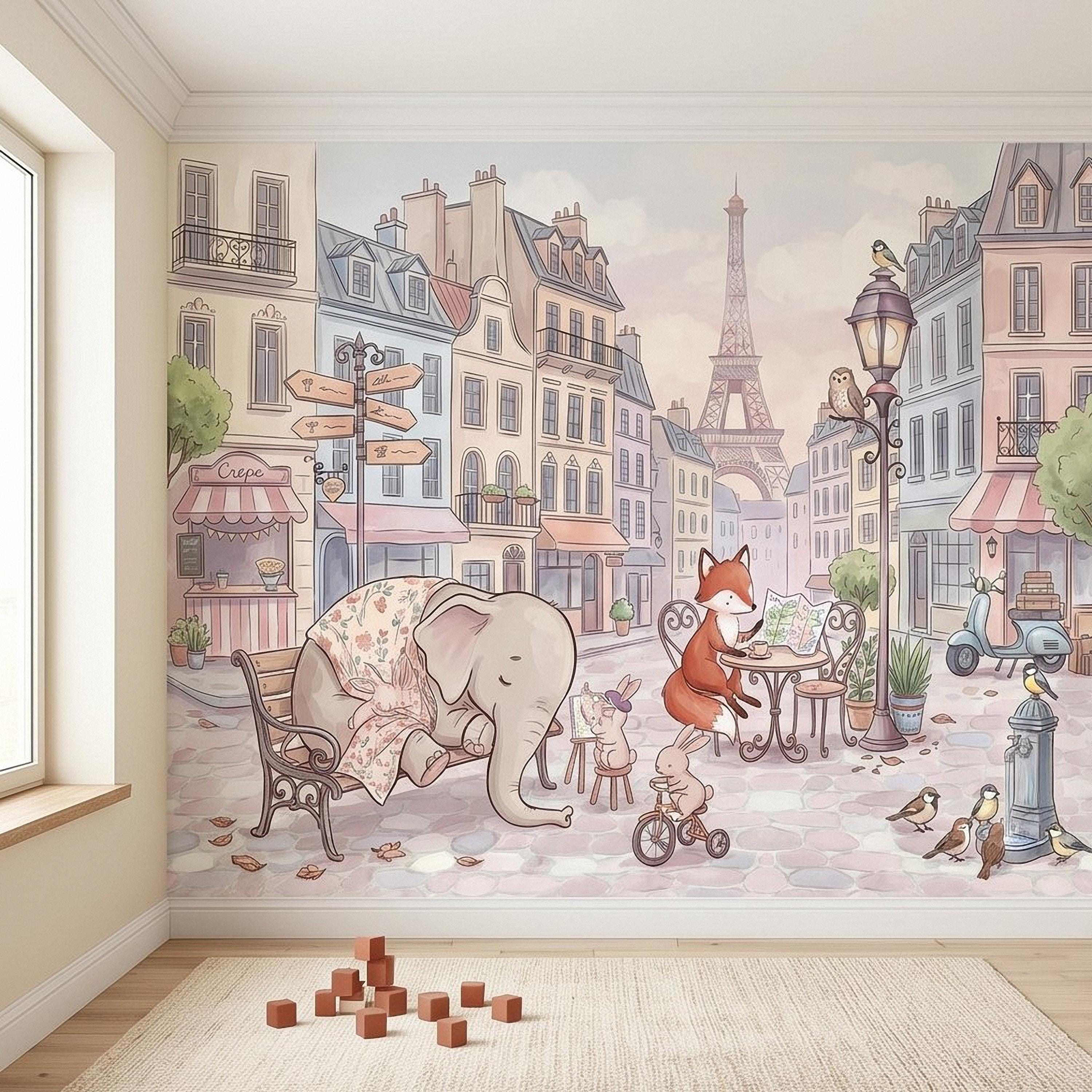 Watercolor Paris Peel and Stick Wall Mural, Cute Animal Friends by the Eiffel Tower, Charming French Street Scene Nursery Wallpaper