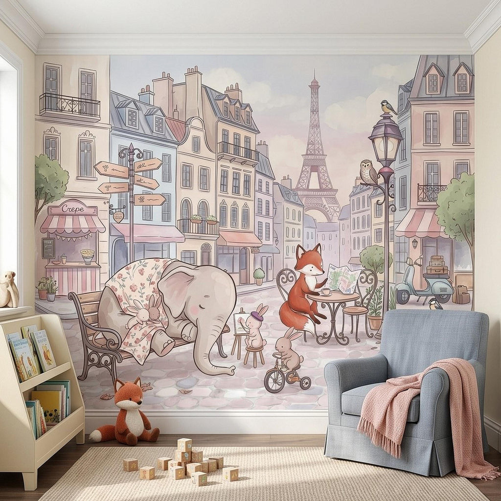 Watercolor Paris Peel and Stick Wall Mural, Cute Animal Friends by the Eiffel Tower, Charming French Street Scene Nursery Wallpaper