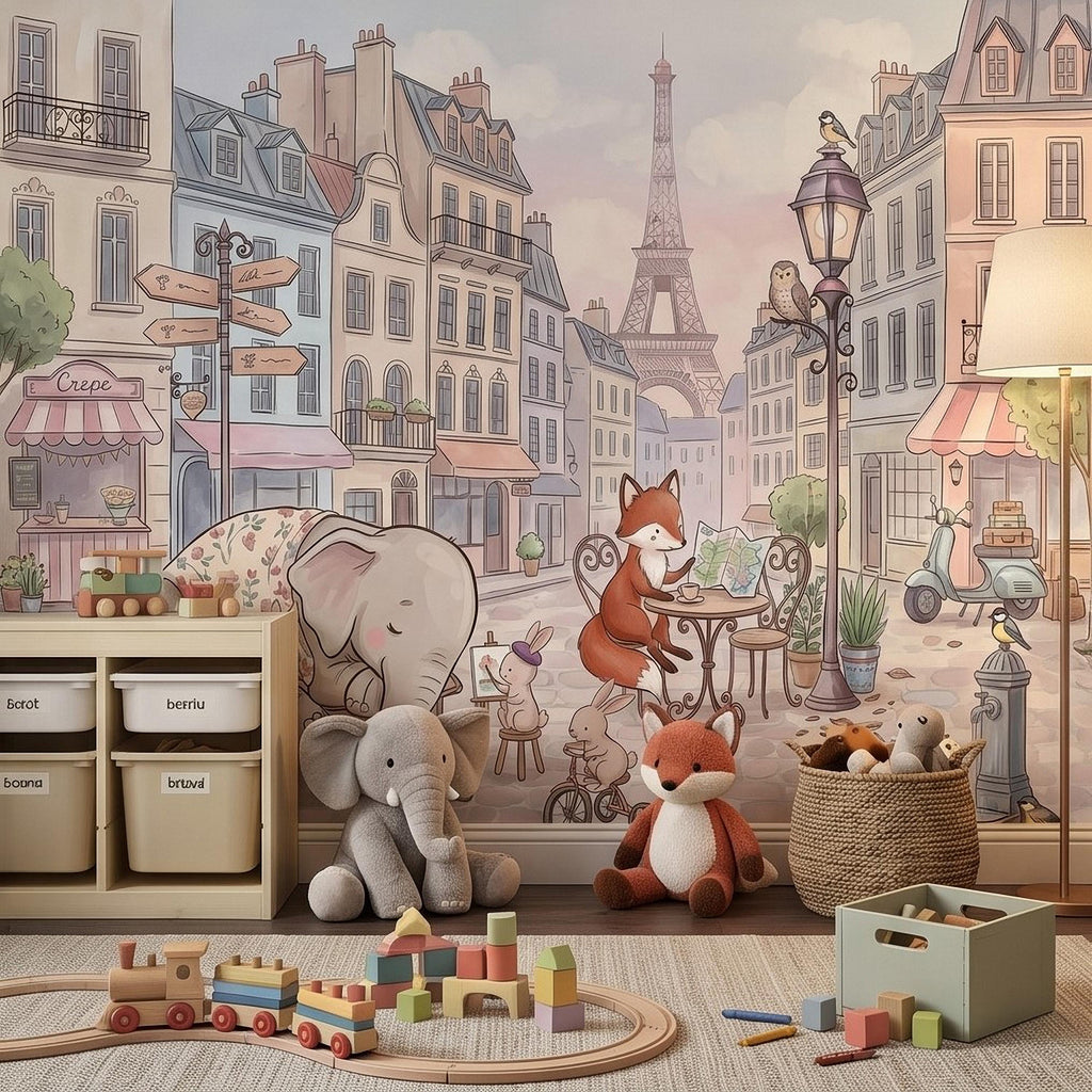 Watercolor Paris Peel and Stick Wall Mural, Cute Animal Friends by the Eiffel Tower, Charming French Street Scene Nursery Wallpaper