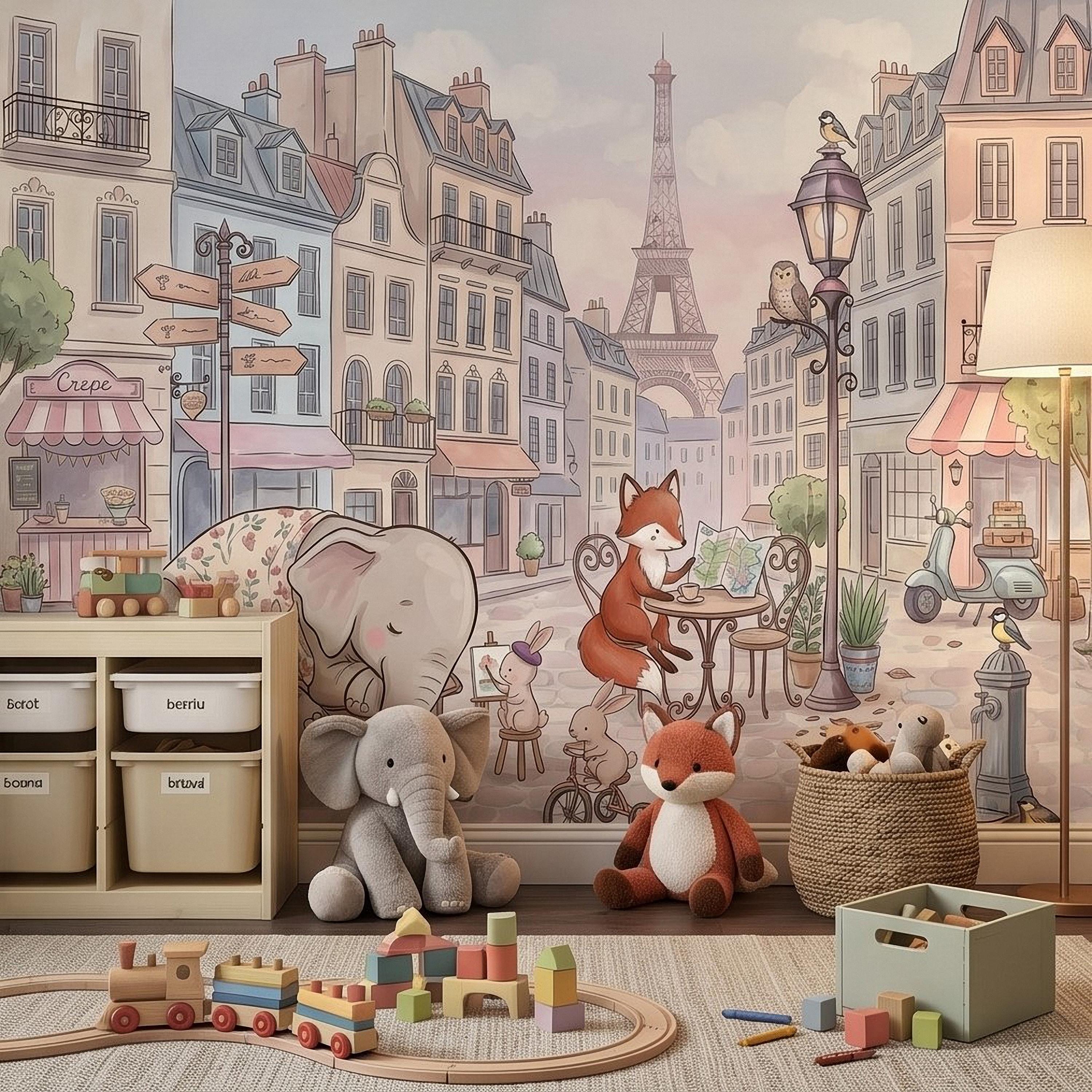 Watercolor Paris Peel and Stick Wall Mural, Cute Animal Friends by the Eiffel Tower, Charming French Street Scene Nursery Wallpaper