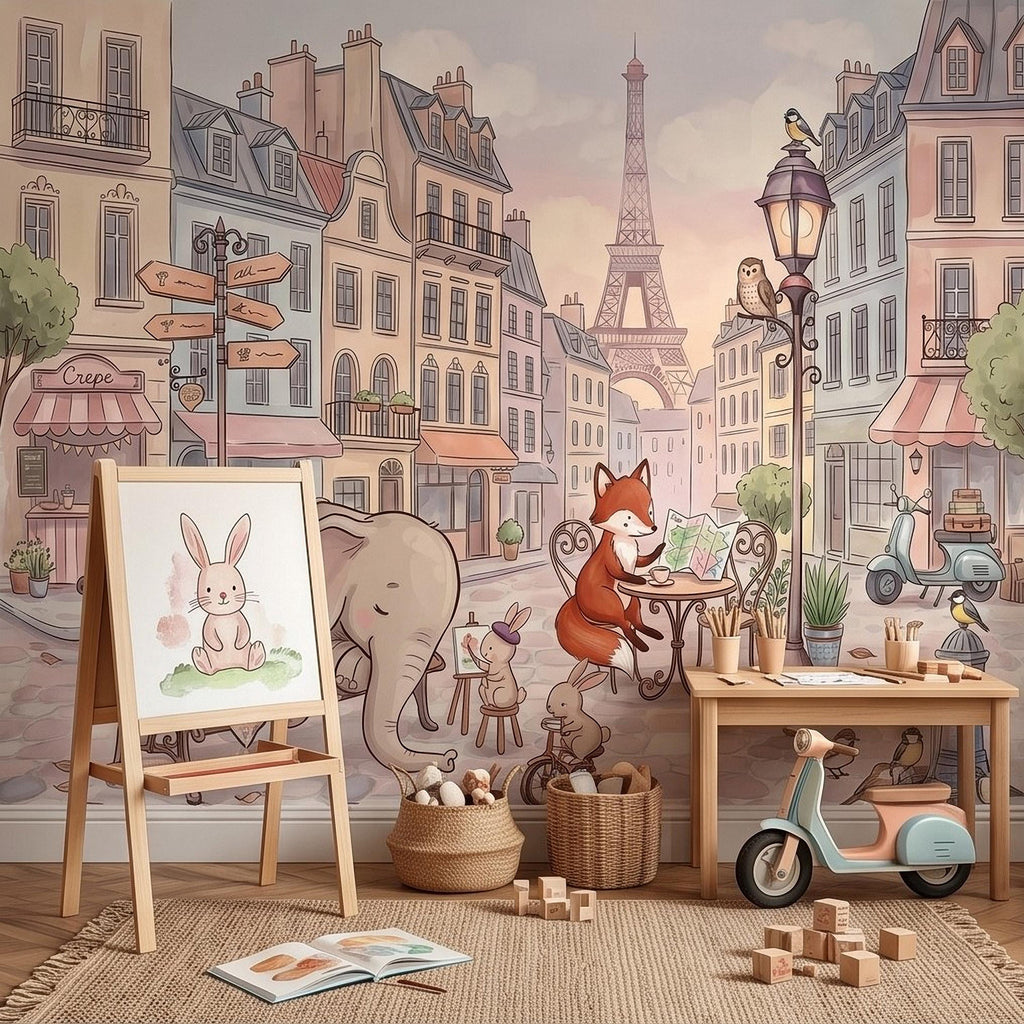 Watercolor Paris Peel and Stick Wall Mural, Cute Animal Friends by the Eiffel Tower, Charming French Street Scene Nursery Wallpaper