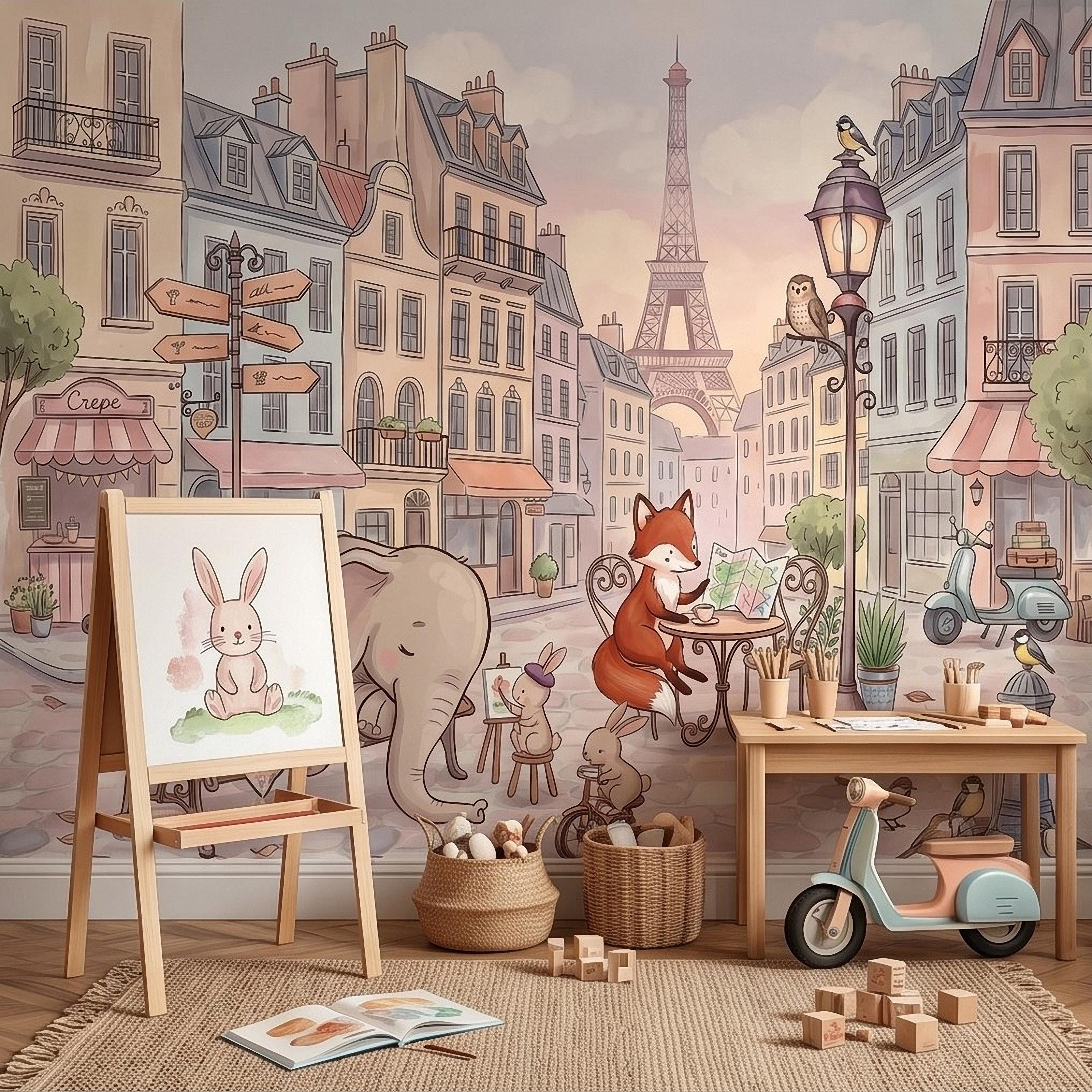 Watercolor Paris Peel and Stick Wall Mural, Cute Animal Friends by the Eiffel Tower, Charming French Street Scene Nursery Wallpaper