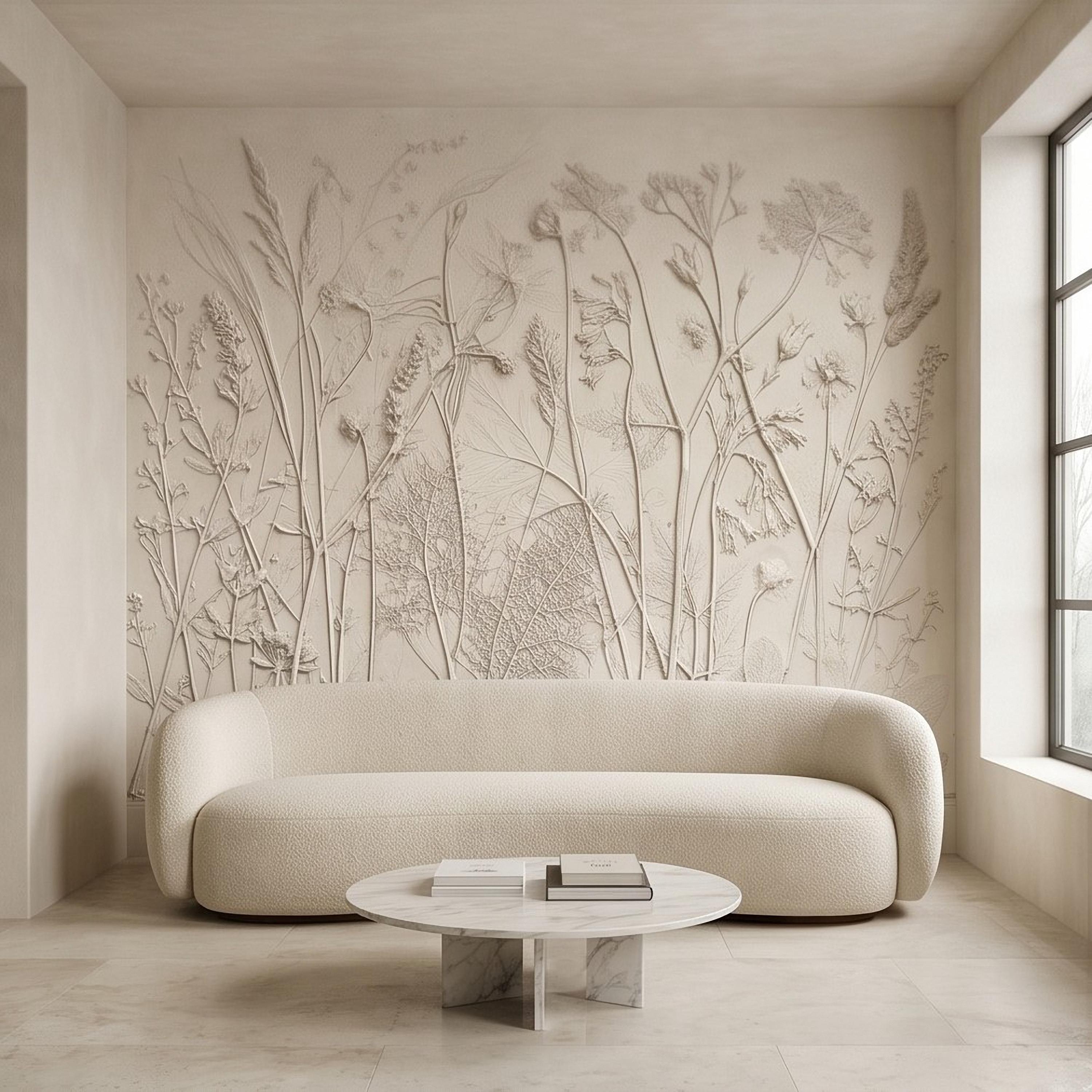 Neutral Botanical Peel and Stick Wall Mural, Textured Plaster Wildflower Wallpaper, Embossed Beige Nature Wall Decor