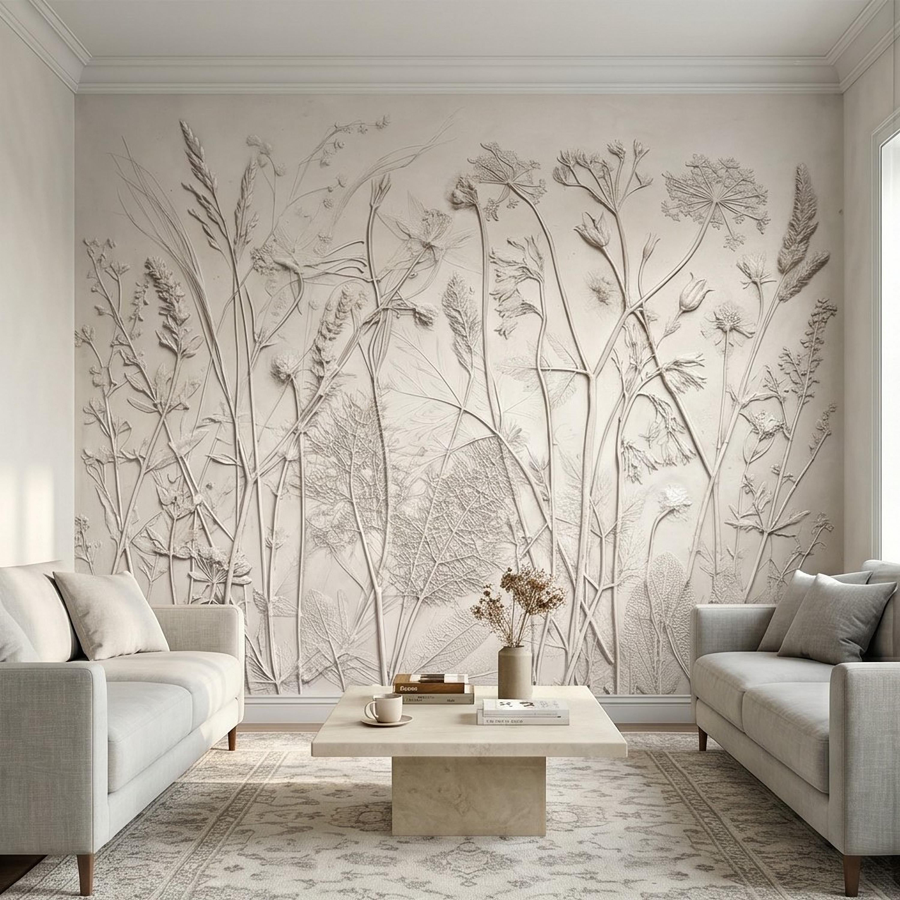 Neutral Botanical Peel and Stick Wall Mural, Textured Plaster Wildflower Wallpaper, Embossed Beige Nature Wall Decor