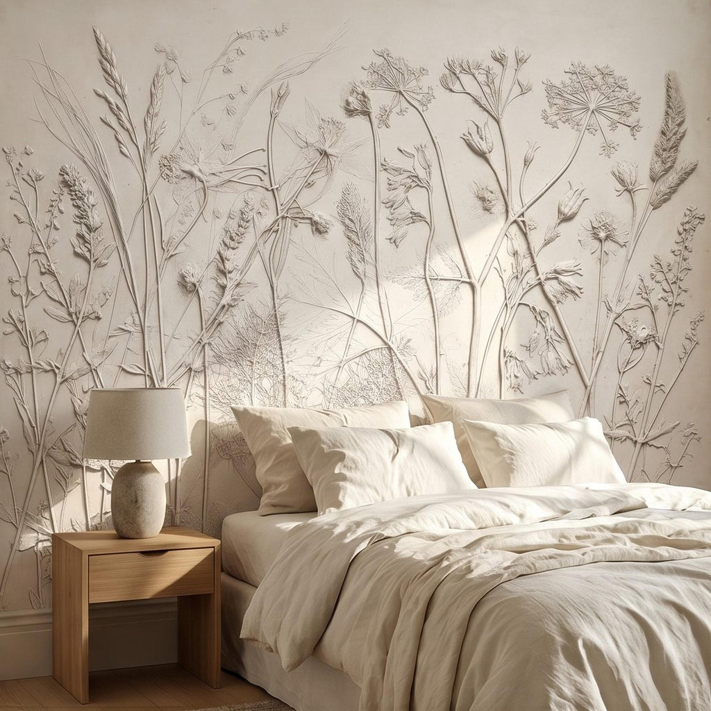 Neutral Botanical Peel and Stick Wall Mural, Textured Plaster Wildflower Wallpaper, Embossed Beige Nature Wall Decor