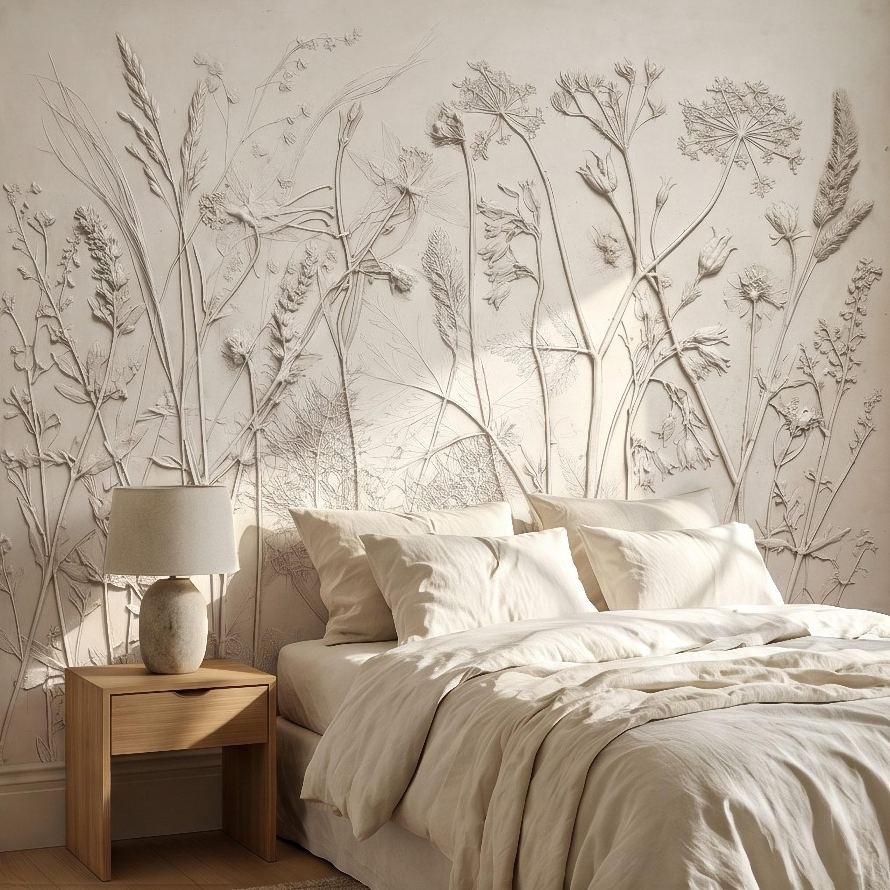 Neutral Botanical Peel and Stick Wall Mural, Textured Plaster Wildflower Wallpaper, Embossed Beige Nature Wall Decor