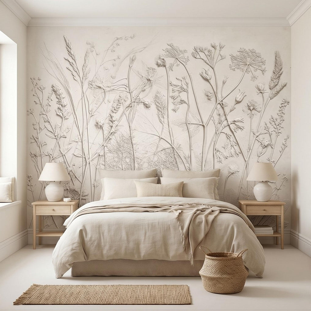 Neutral Botanical Peel and Stick Wall Mural, Textured Plaster Wildflower Wallpaper, Embossed Beige Nature Wall Decor