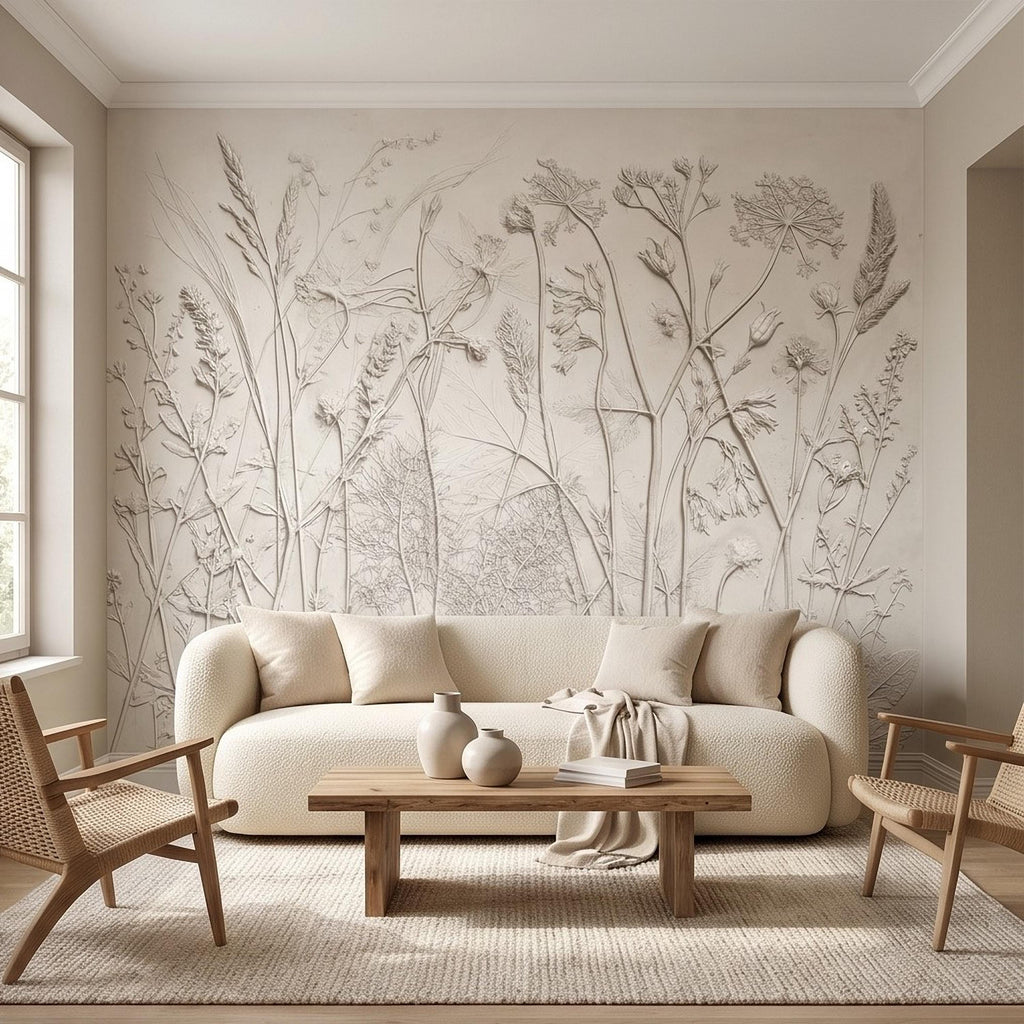 Neutral Botanical Peel and Stick Wall Mural, Textured Plaster Wildflower Wallpaper, Embossed Beige Nature Wall Decor