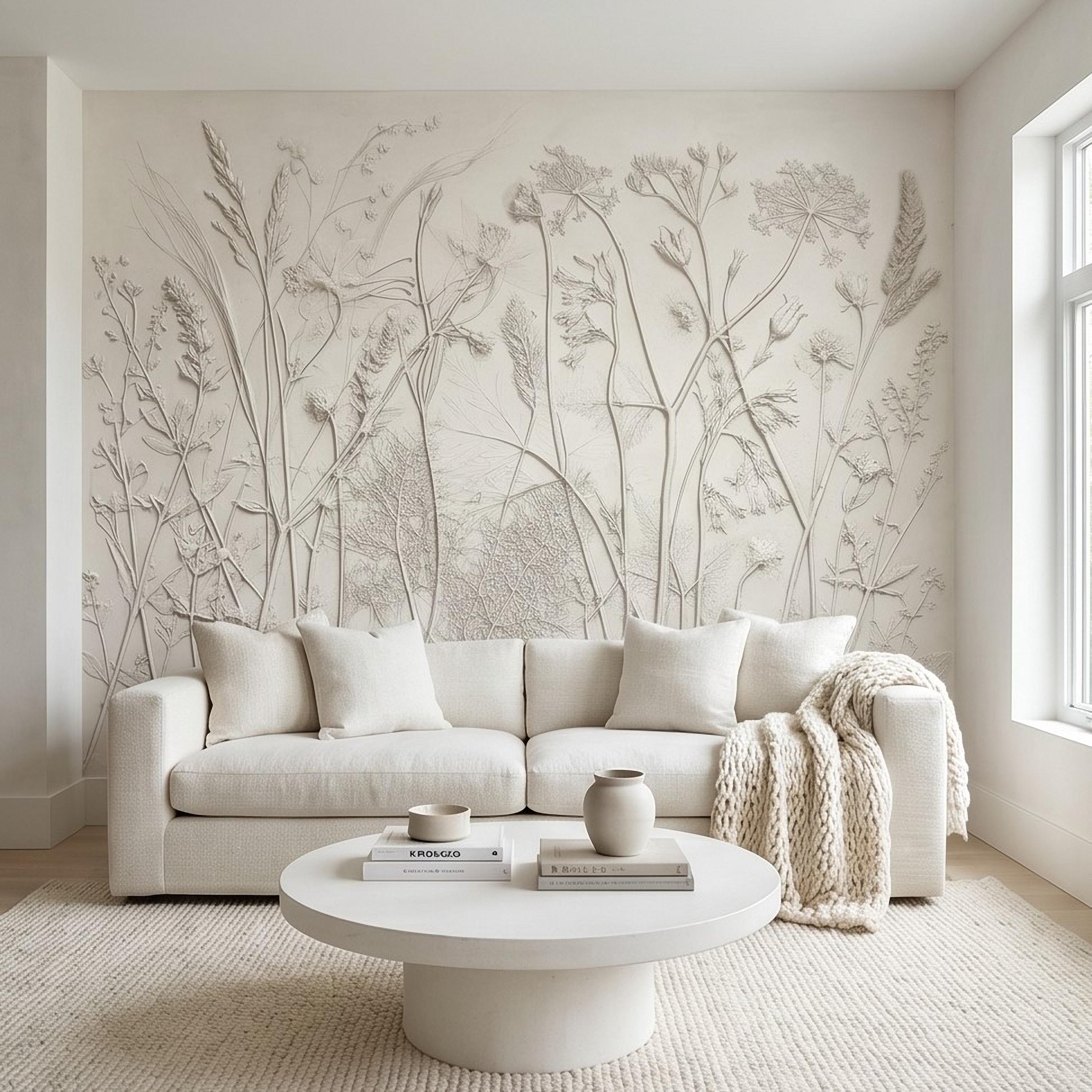 Neutral Botanical Peel and Stick Wall Mural, Textured Plaster Wildflower Wallpaper, Embossed Beige Nature Wall Decor