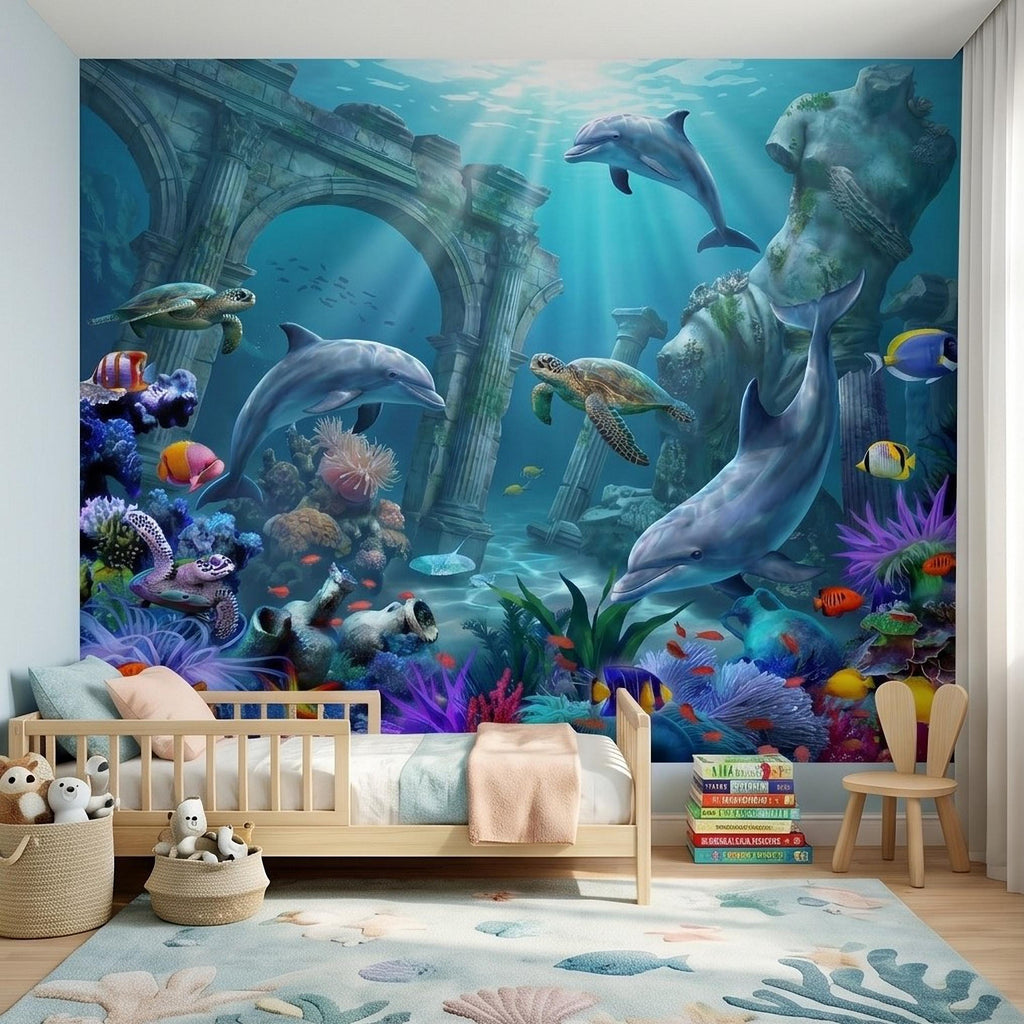 Underwater Dolphin Peel and Stick Wall Mural, Ocean Sea Life with Turtles and Coral Reef, Kids Room Nursery Wallpaper