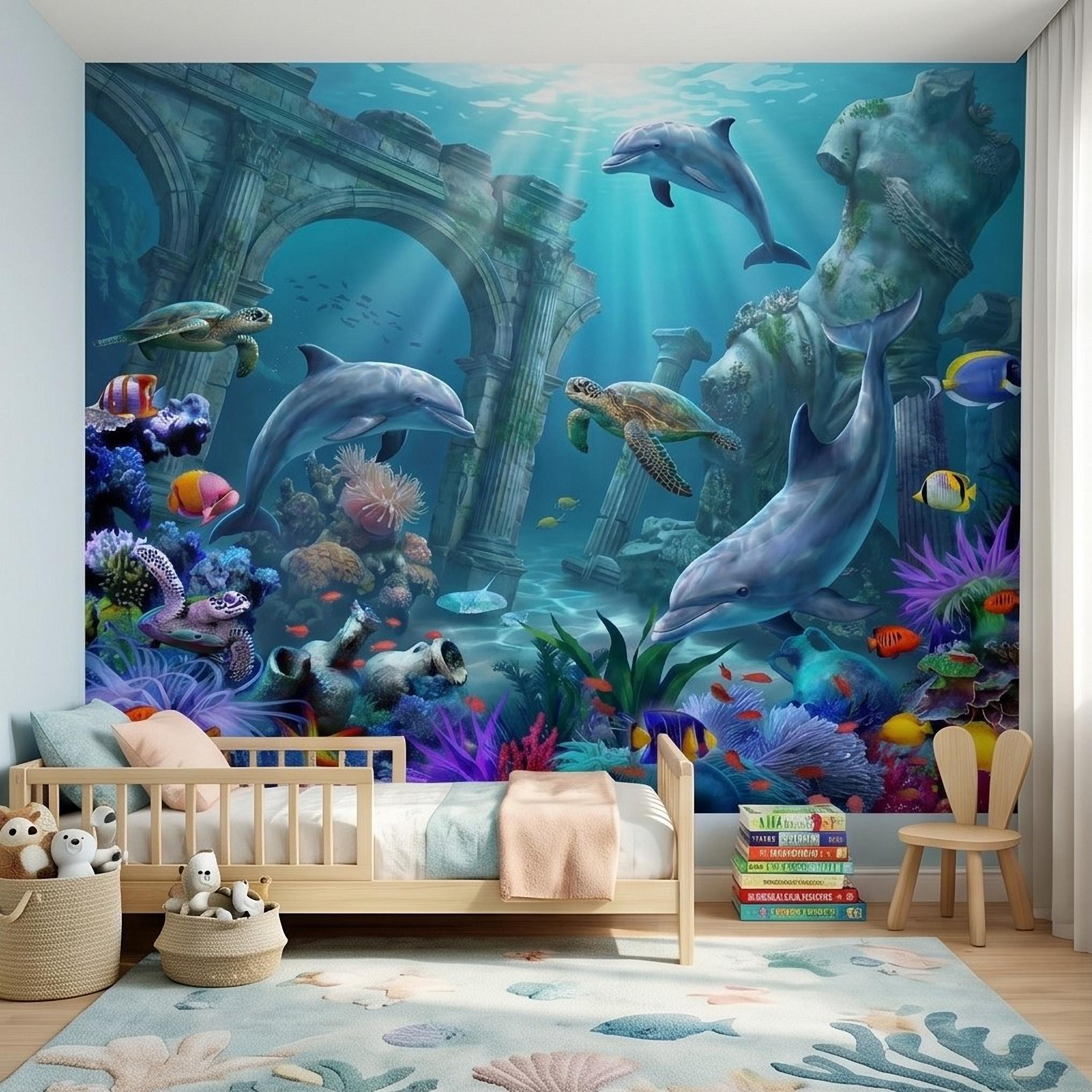 Underwater Dolphin Peel and Stick Wall Mural, Ocean Sea Life with Turtles and Coral Reef, Kids Room Nursery Wallpaper