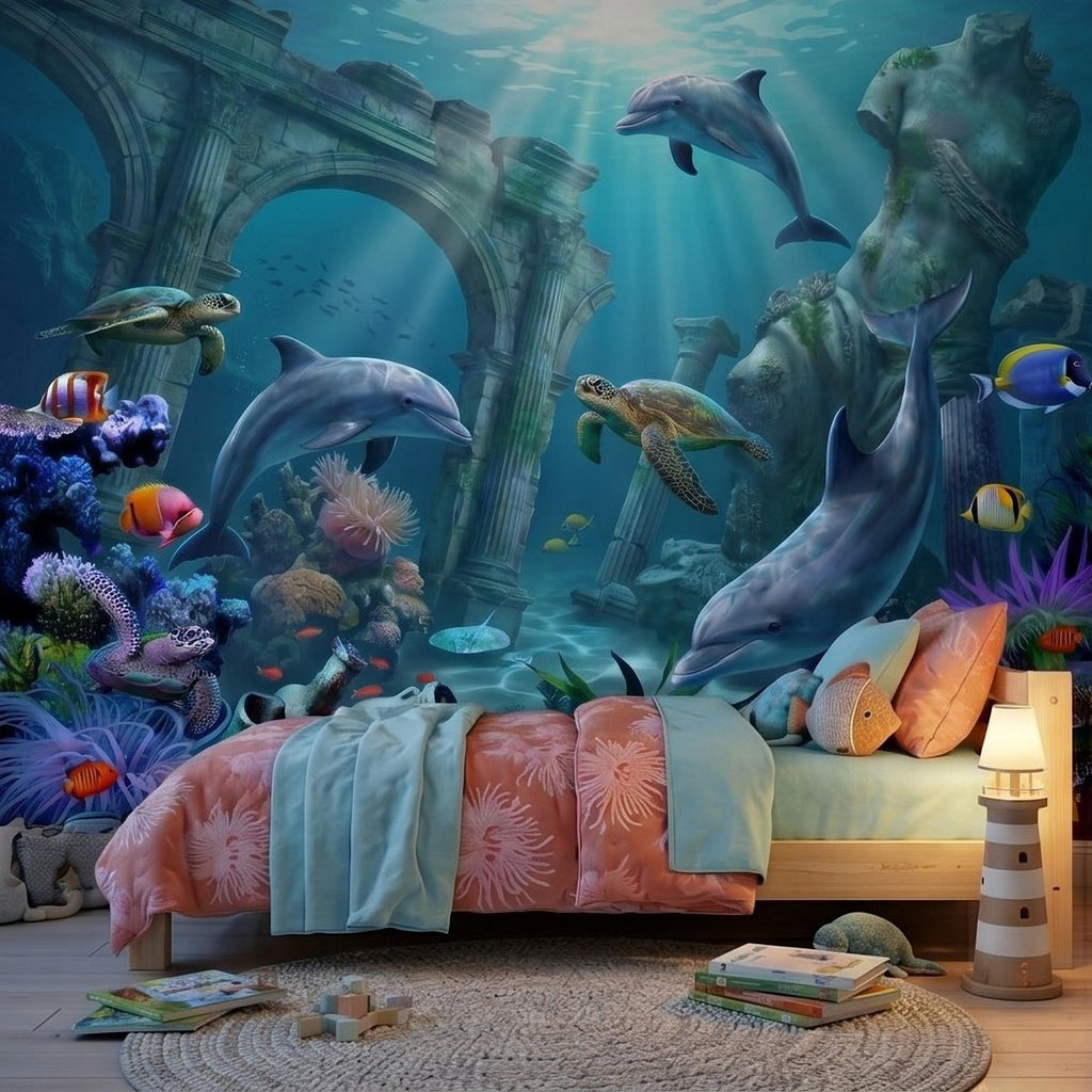 Underwater Dolphin Peel and Stick Wall Mural, Ocean Sea Life with Turtles and Coral Reef, Kids Room Nursery Wallpaper