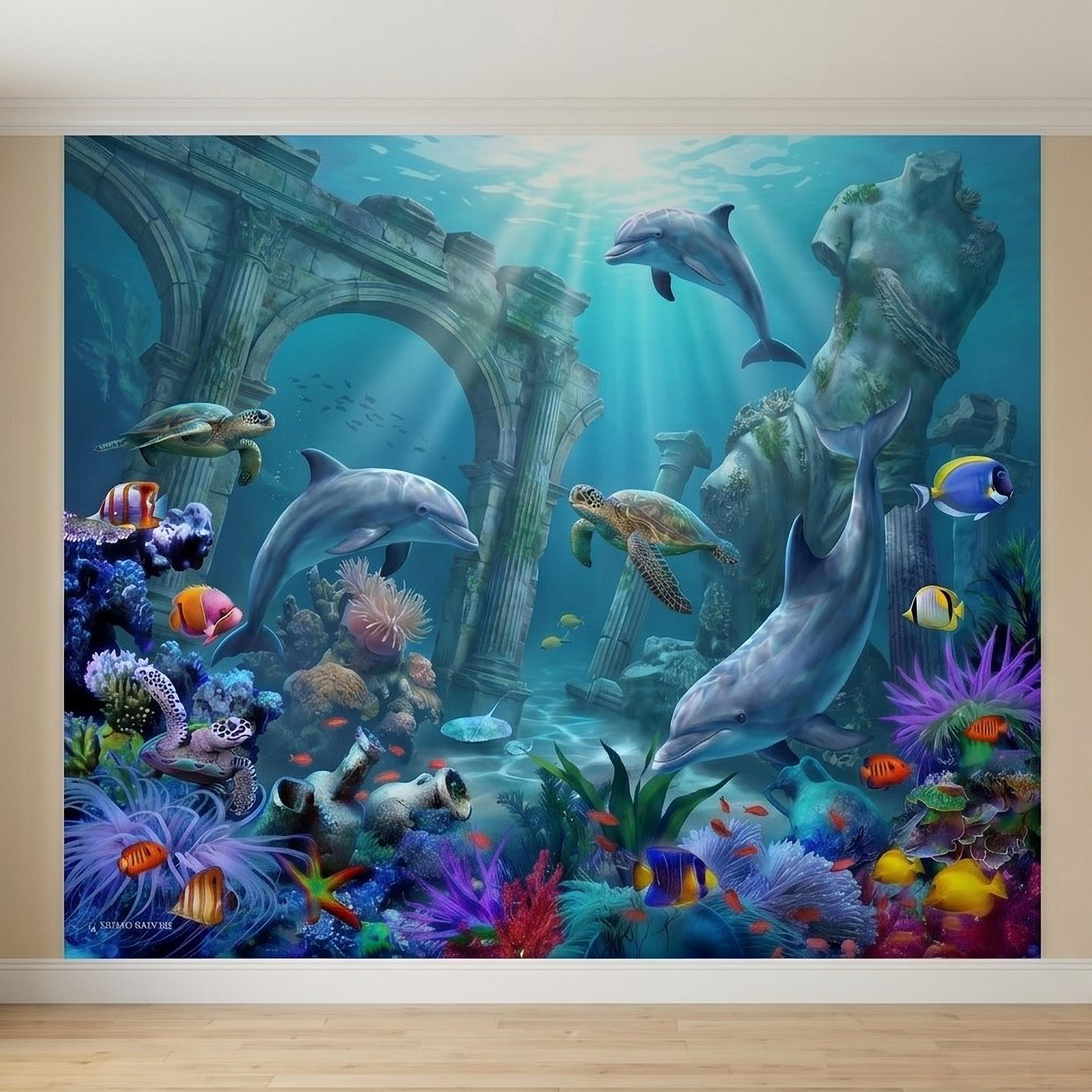 Underwater Dolphin Peel and Stick Wall Mural, Ocean Sea Life with Turtles and Coral Reef, Kids Room Nursery Wallpaper