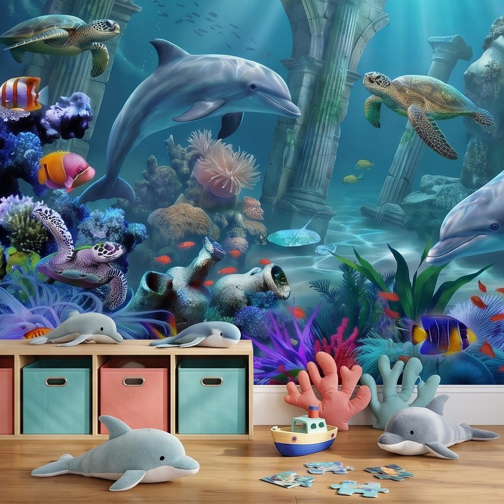 Underwater Dolphin Peel and Stick Wall Mural, Ocean Sea Life with Turtles and Coral Reef, Kids Room Nursery Wallpaper