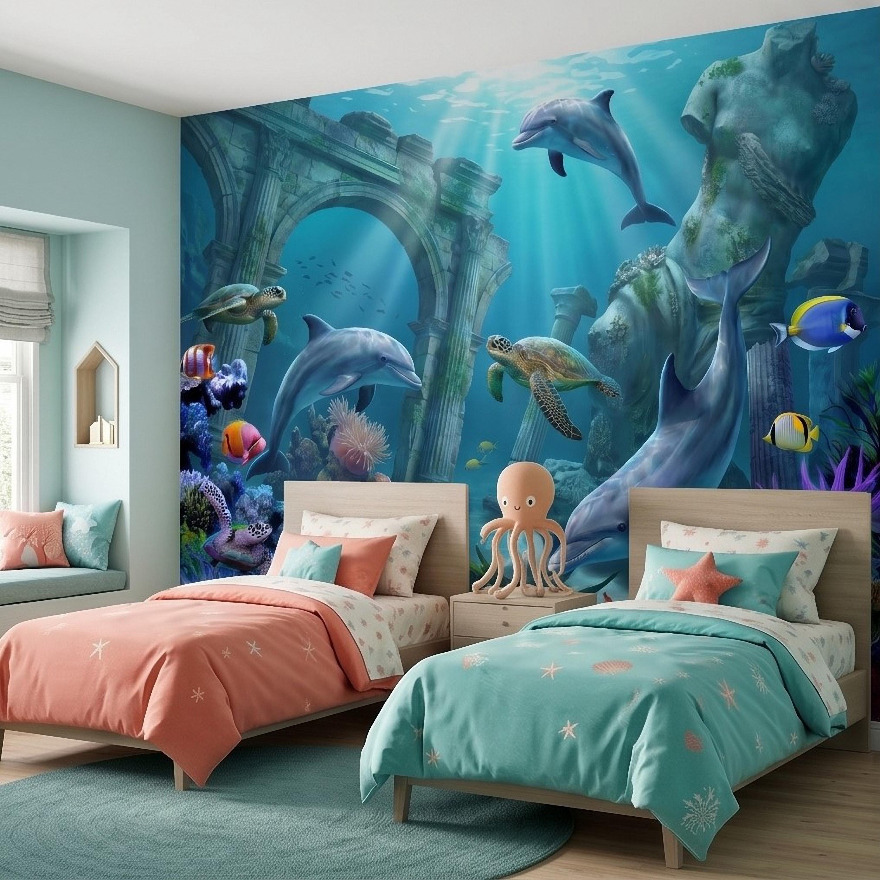 Underwater Dolphin Peel and Stick Wall Mural, Ocean Sea Life with Turtles and Coral Reef, Kids Room Nursery Wallpaper