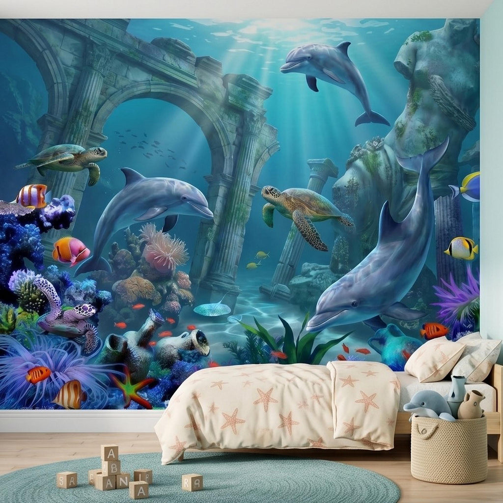 Underwater Dolphin Peel and Stick Wall Mural, Ocean Sea Life with Turtles and Coral Reef, Kids Room Nursery Wallpaper