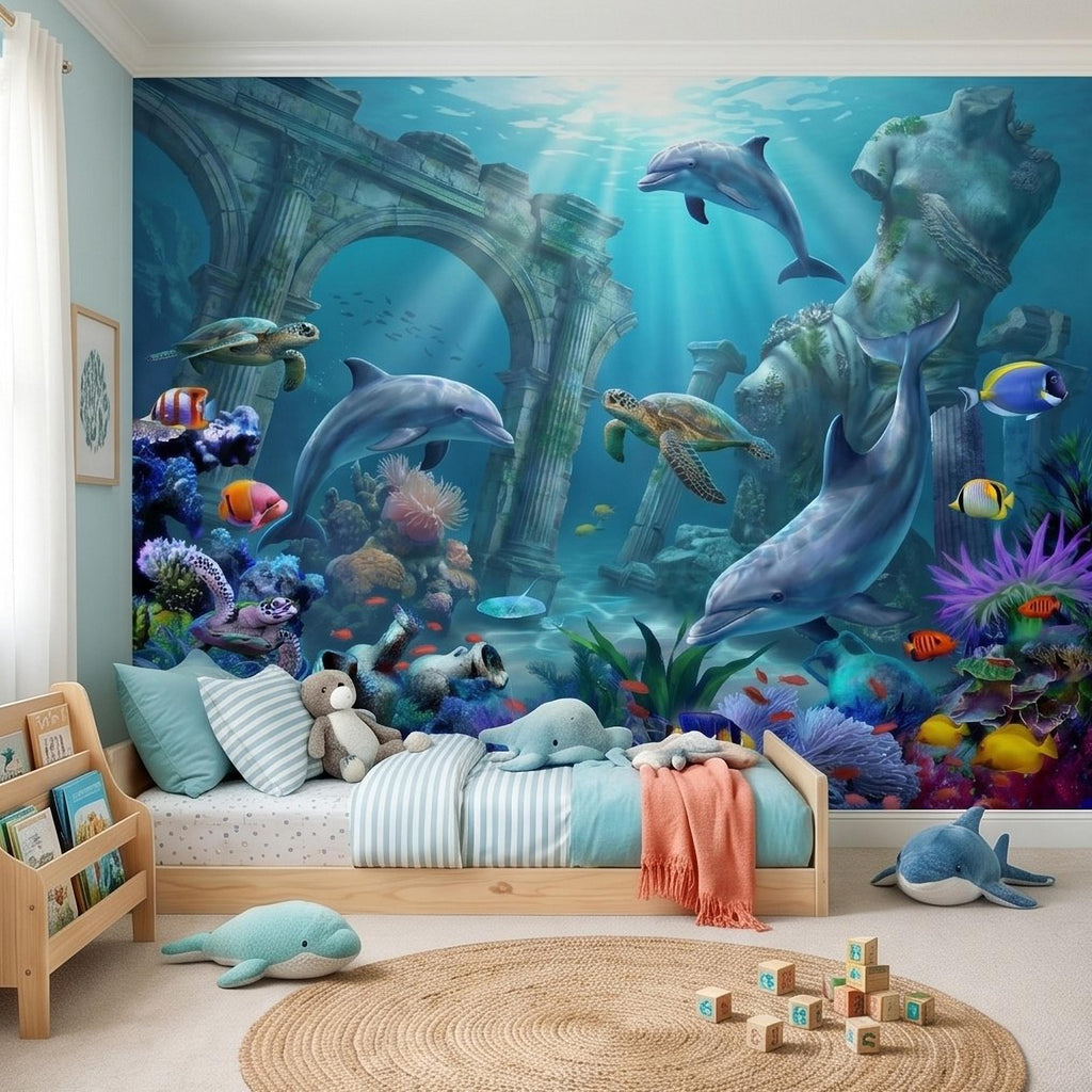 Underwater Dolphin Peel and Stick Wall Mural, Ocean Sea Life with Turtles and Coral Reef, Kids Room Nursery Wallpaper