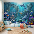 Underwater Dolphin Peel and Stick Wall Mural, Ocean Sea Life with Turtles and Coral Reef, Kids Room Nursery Wallpaper
