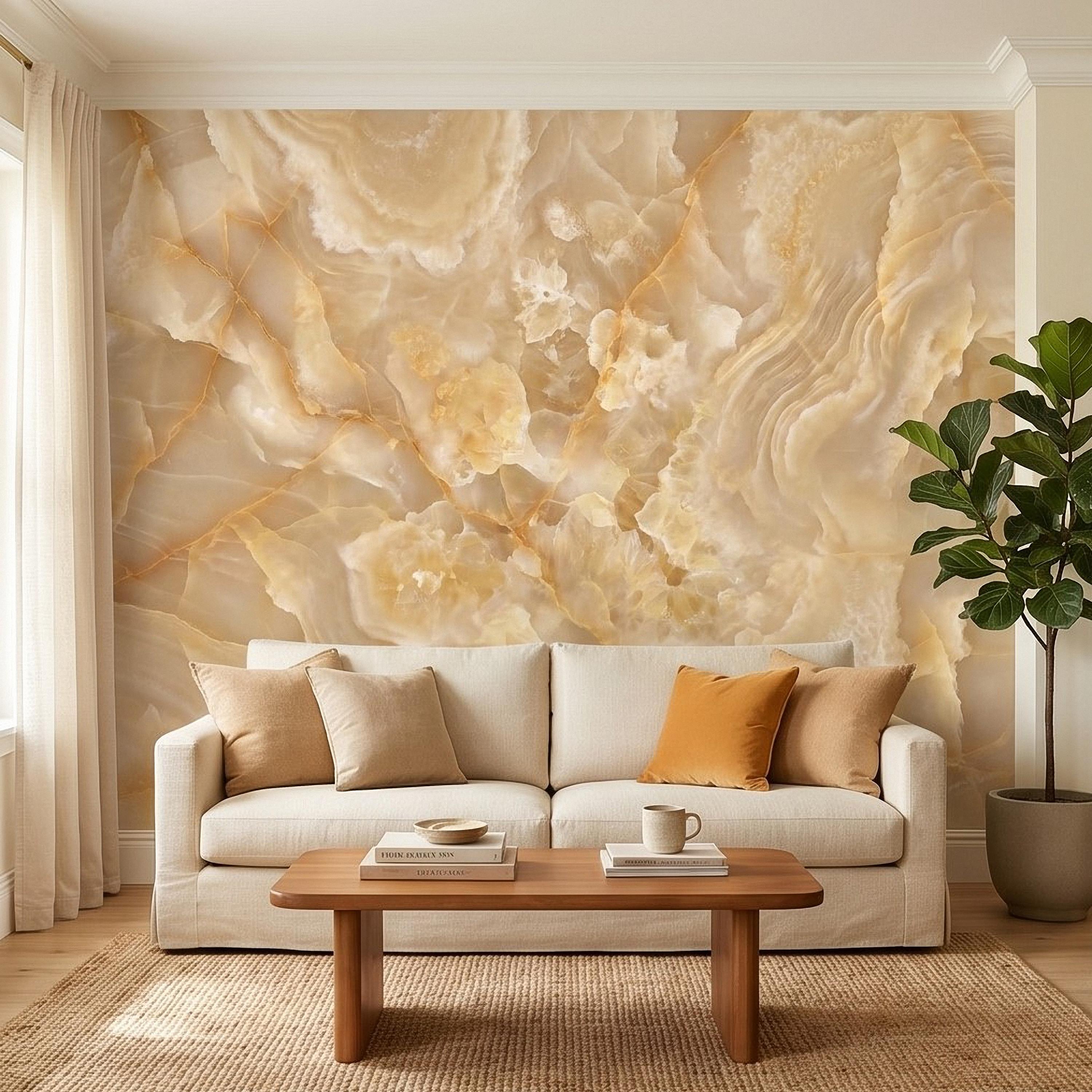Honey Onyx Marble Peel and Stick Wall Mural, Luxury Amber Vein Natural Stone Texture, Neutral Modern Stone Wallpaper