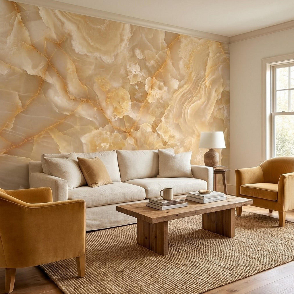 Honey Onyx Marble Peel and Stick Wall Mural, Luxury Amber Vein Natural Stone Texture, Neutral Modern Stone Wallpaper