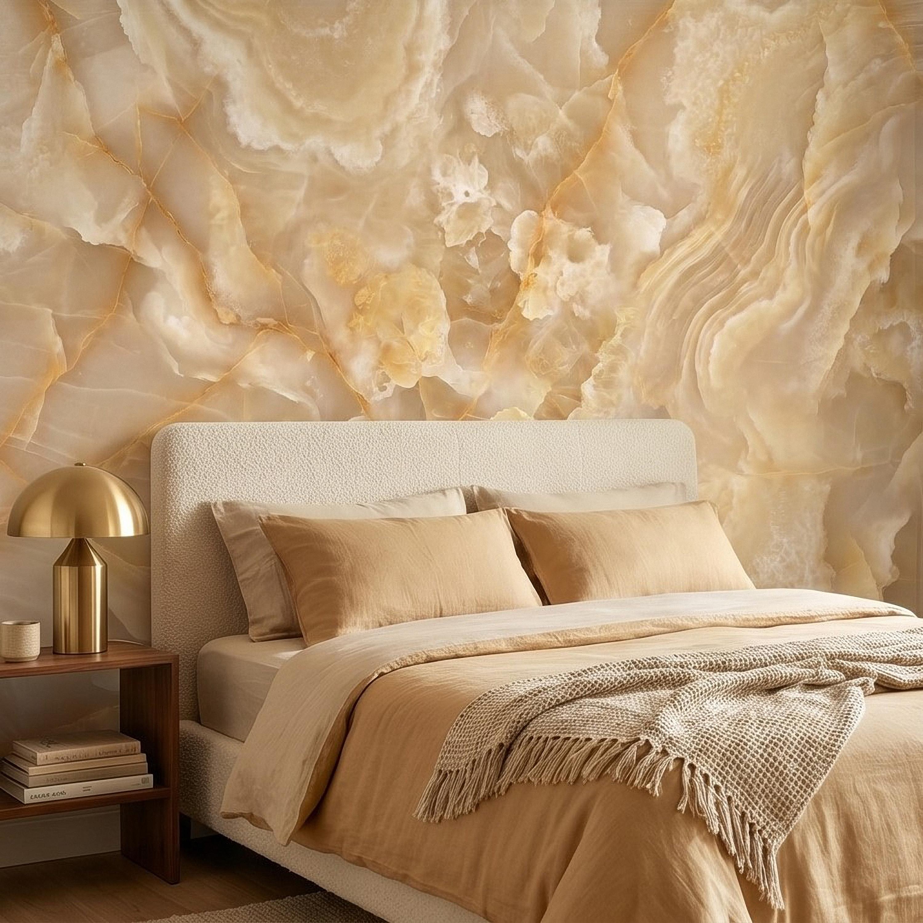 Honey Onyx Marble Peel and Stick Wall Mural, Luxury Amber Vein Natural Stone Texture, Neutral Modern Stone Wallpaper