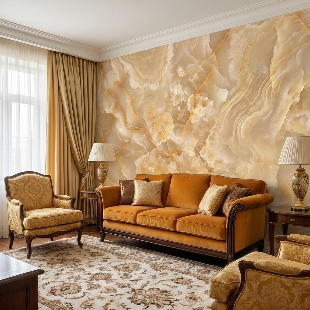 Honey Onyx Marble Peel and Stick Wall Mural, Luxury Amber Vein Natural Stone Texture, Neutral Modern Stone Wallpaper