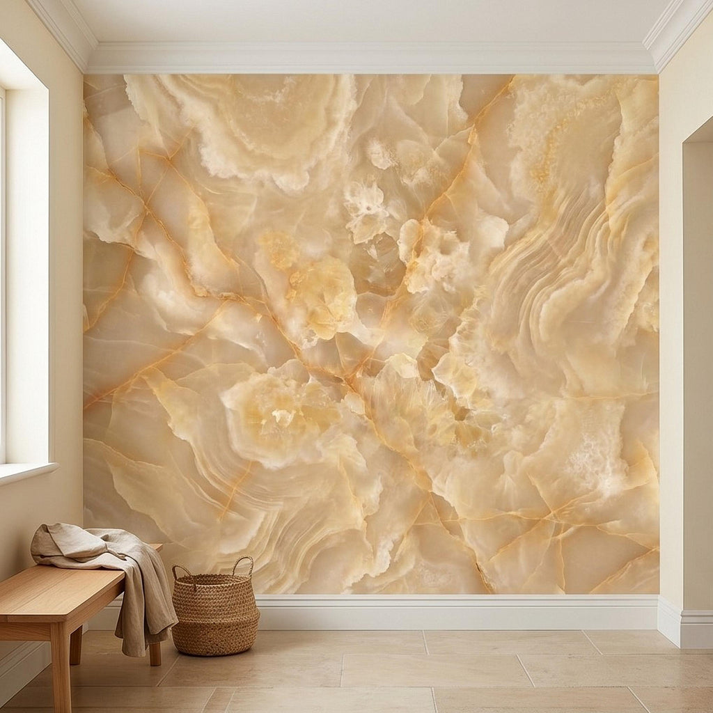 Honey Onyx Marble Peel and Stick Wall Mural, Luxury Amber Vein Natural Stone Texture, Neutral Modern Stone Wallpaper