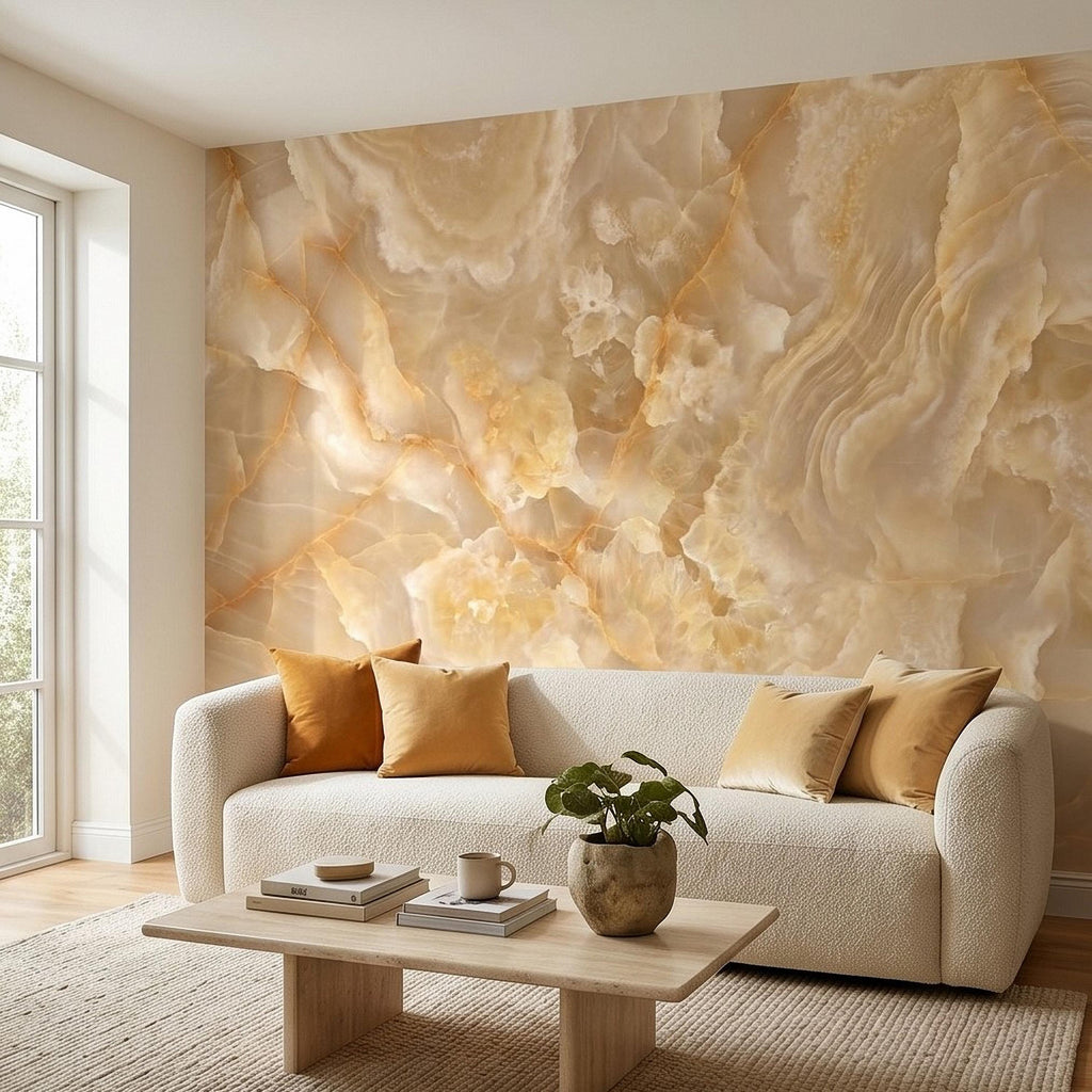 Honey Onyx Marble Peel and Stick Wall Mural, Luxury Amber Vein Natural Stone Texture, Neutral Modern Stone Wallpaper