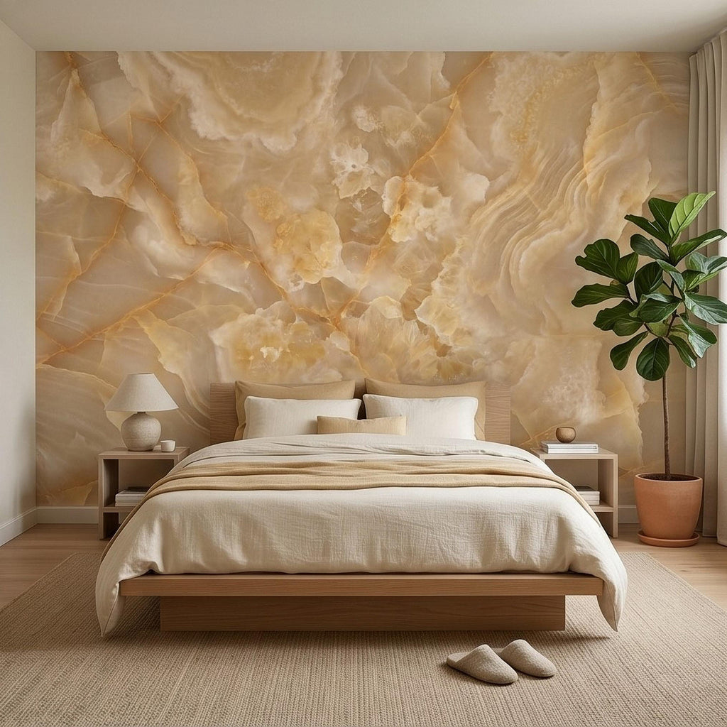 Honey Onyx Marble Peel and Stick Wall Mural, Luxury Amber Vein Natural Stone Texture, Neutral Modern Stone Wallpaper