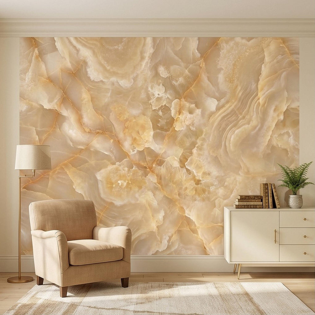 Honey Onyx Marble Peel and Stick Wall Mural, Luxury Amber Vein Natural Stone Texture, Neutral Modern Stone Wallpaper