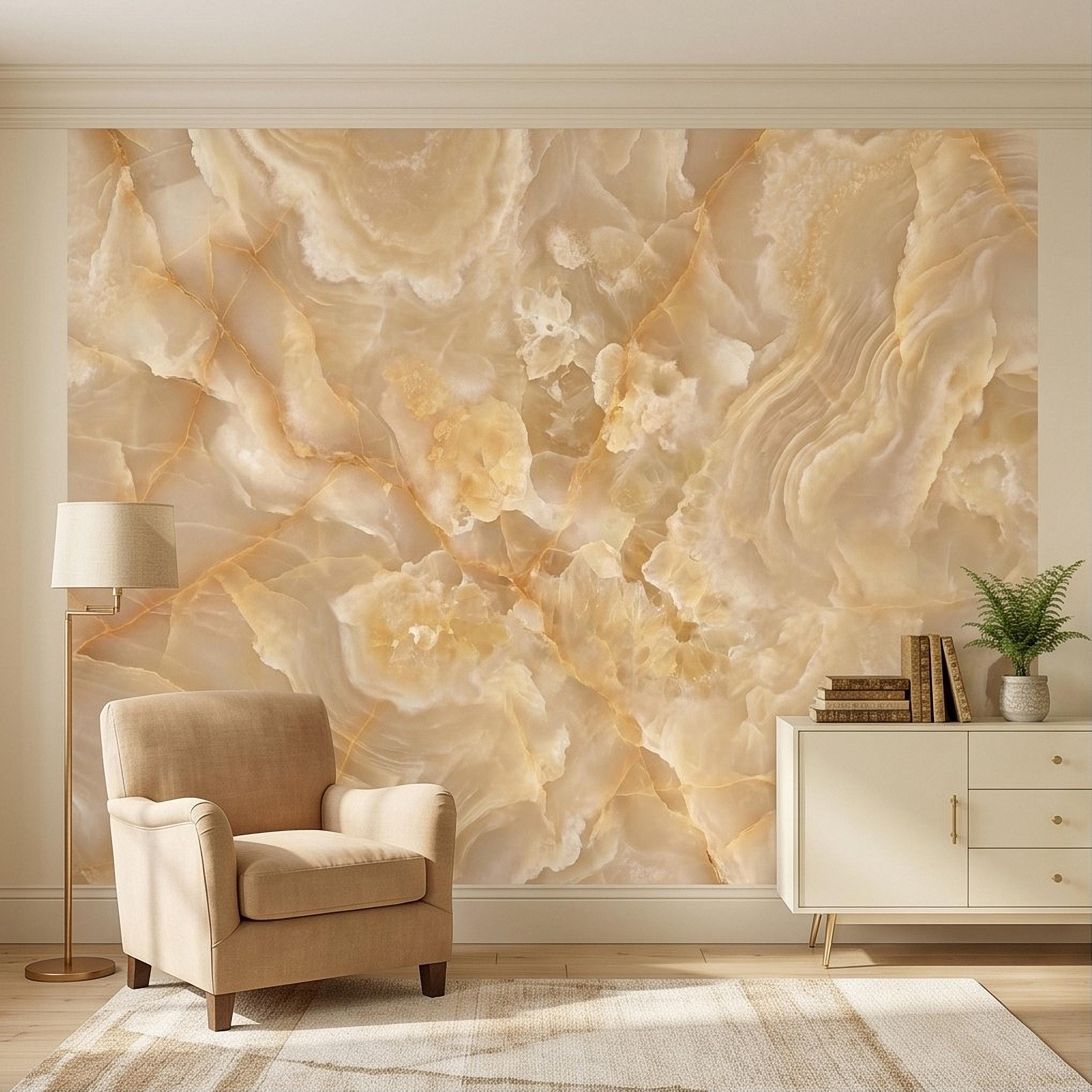 Honey Onyx Marble Peel and Stick Wall Mural, Luxury Amber Vein Natural Stone Texture, Neutral Modern Stone Wallpaper