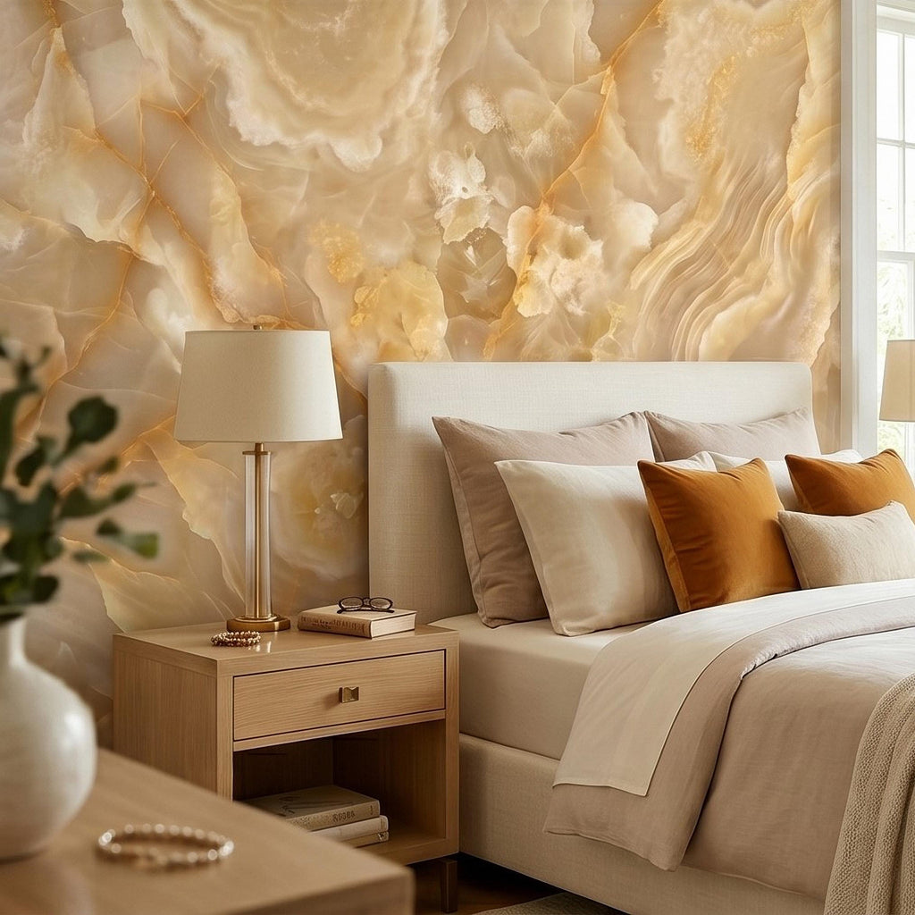 Honey Onyx Marble Peel and Stick Wall Mural, Luxury Amber Vein Natural Stone Texture, Neutral Modern Stone Wallpaper