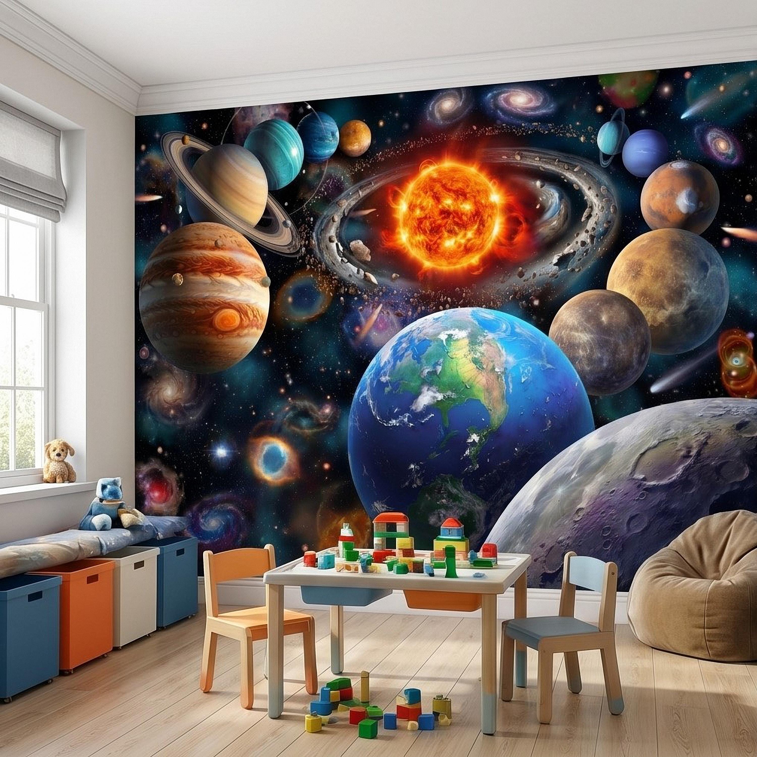 Solar System Peel and Stick Wall Mural, Outer Space Galaxy Planets and Sun, Kids Room Astronomy Decor Wallpaper