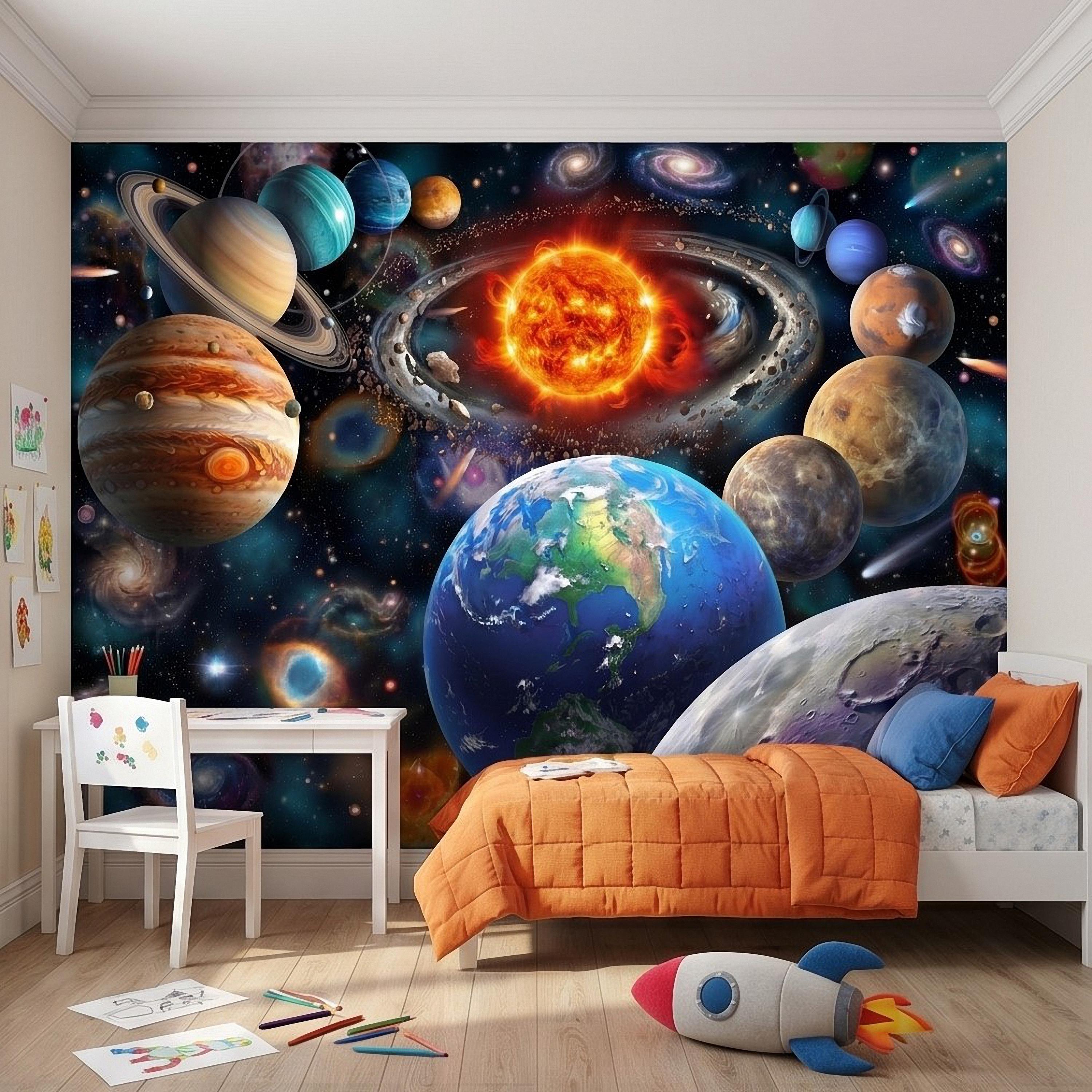 Solar System Peel and Stick Wall Mural, Outer Space Galaxy Planets and Sun, Kids Room Astronomy Decor Wallpaper