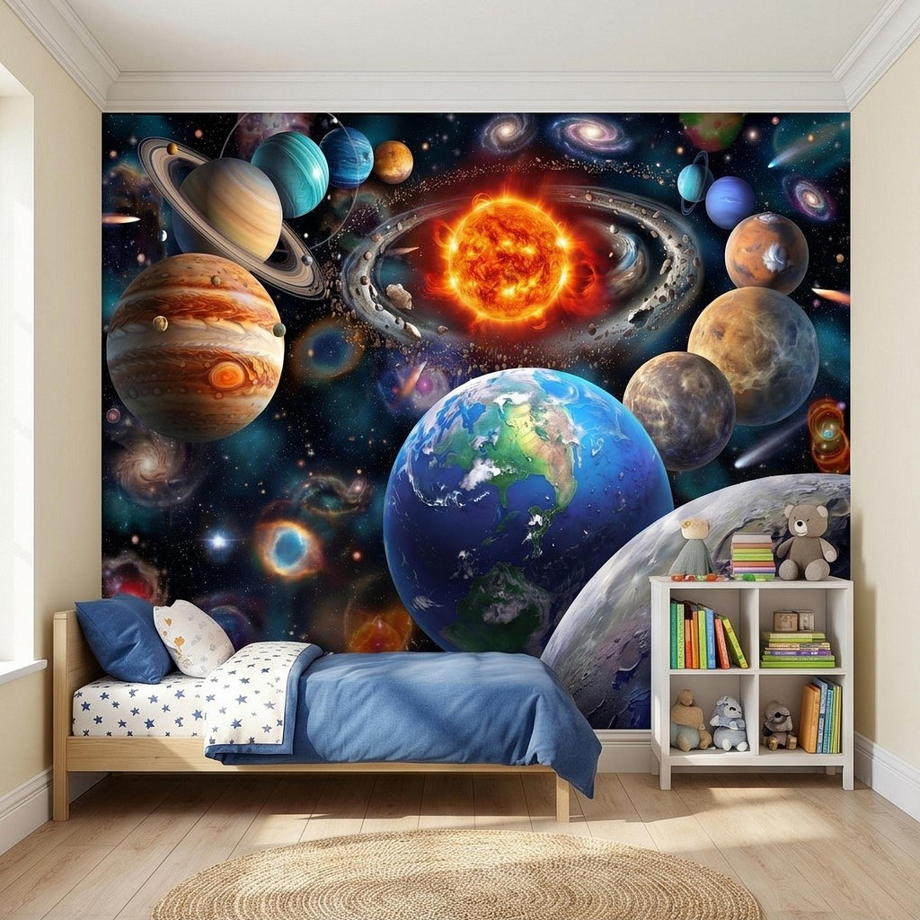 Solar System Peel and Stick Wall Mural, Outer Space Galaxy Planets and Sun, Kids Room Astronomy Decor Wallpaper