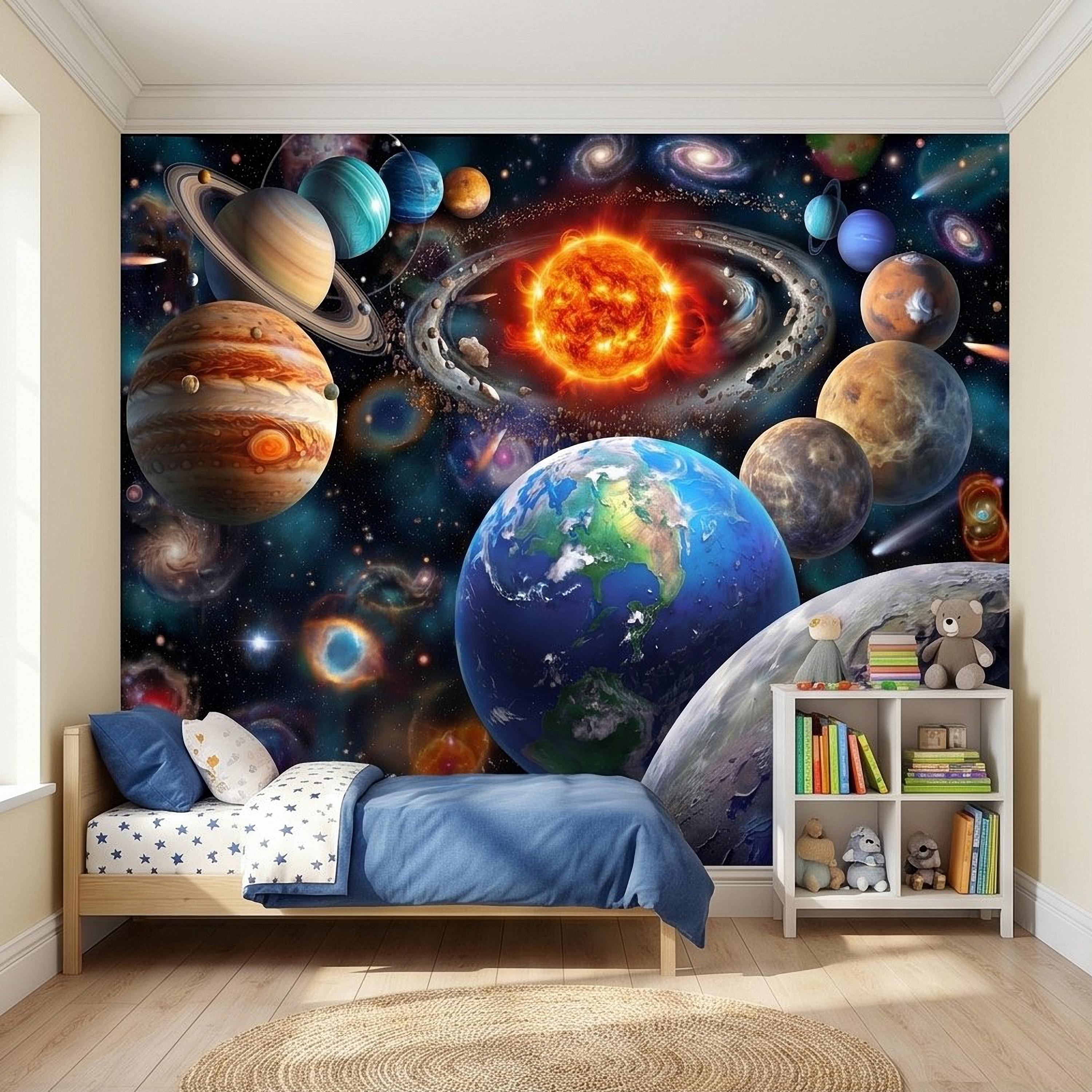 Solar System Peel and Stick Wall Mural, Outer Space Galaxy Planets and Sun, Kids Room Astronomy Decor Wallpaper