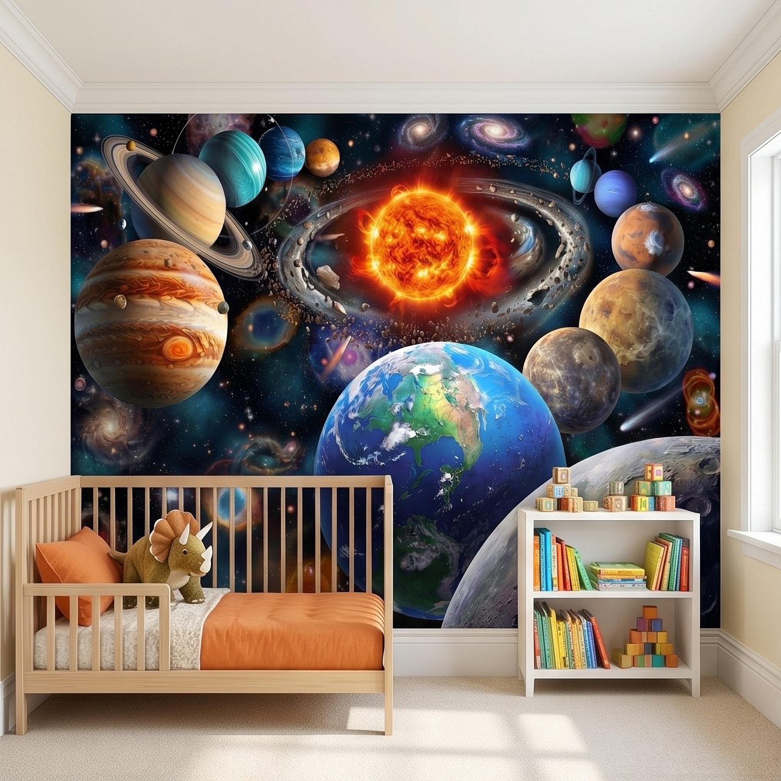 Solar System Peel and Stick Wall Mural, Outer Space Galaxy Planets and Sun, Kids Room Astronomy Decor Wallpaper