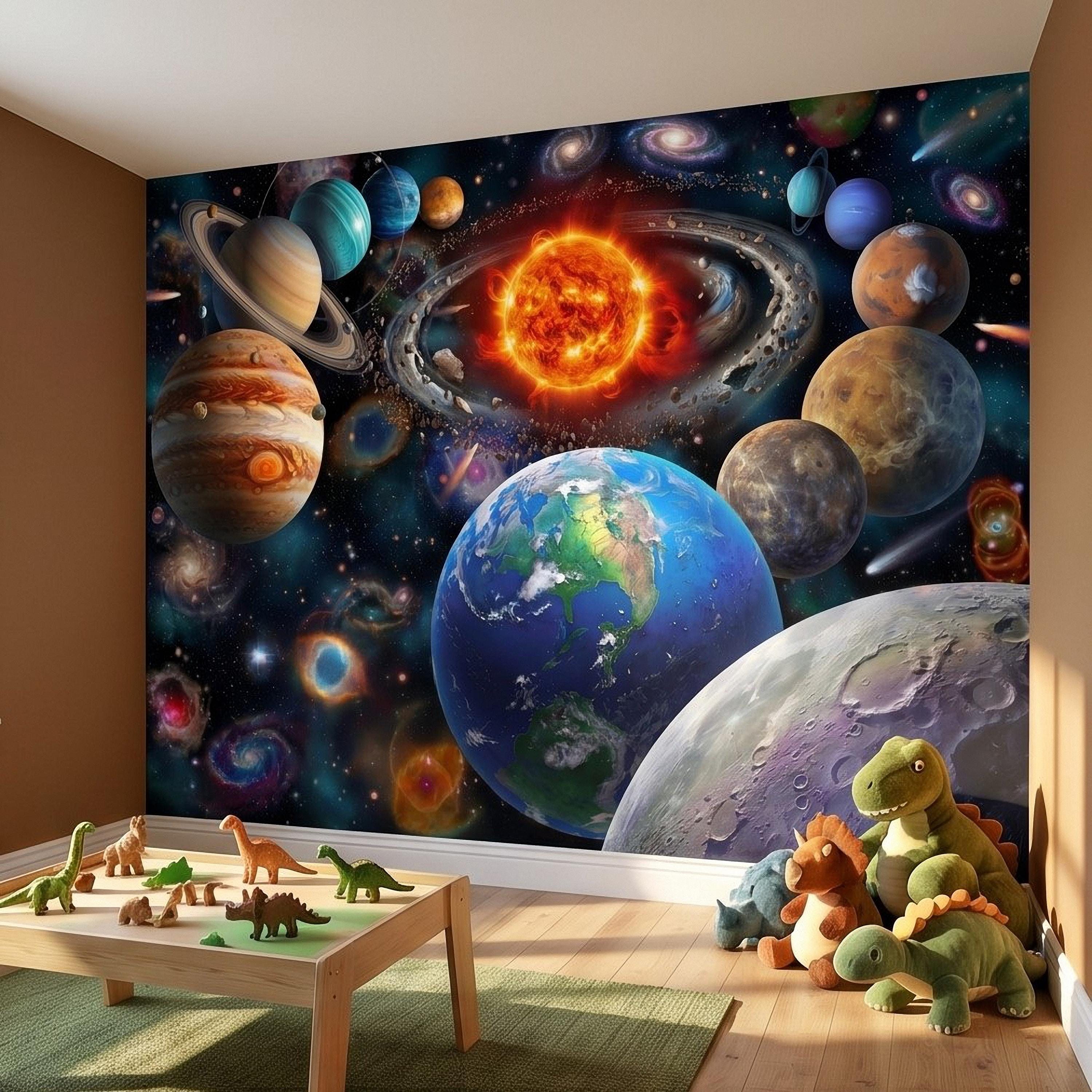 Solar System Peel and Stick Wall Mural, Outer Space Galaxy Planets and Sun, Kids Room Astronomy Decor Wallpaper