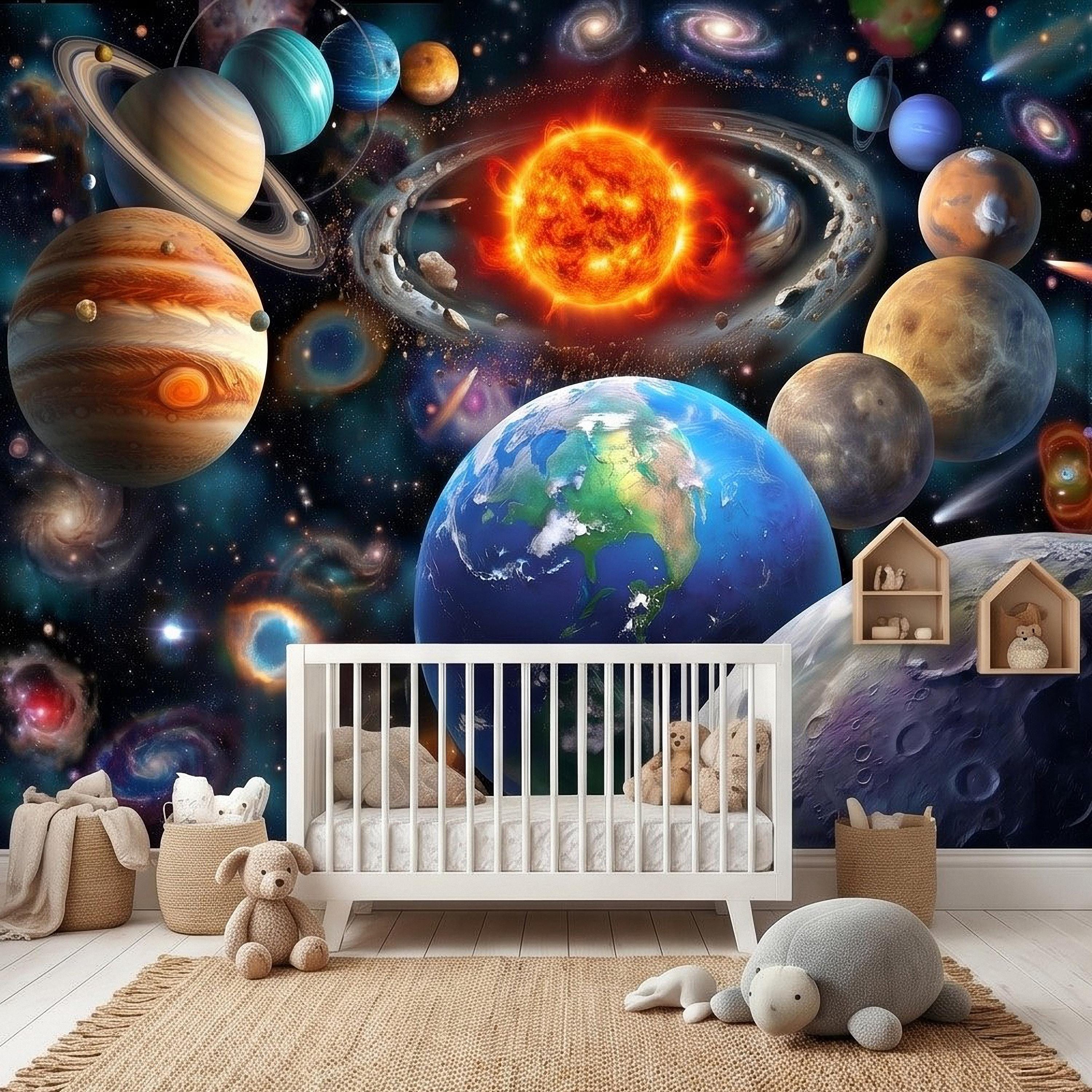 Solar System Peel and Stick Wall Mural, Outer Space Galaxy Planets and Sun, Kids Room Astronomy Decor Wallpaper