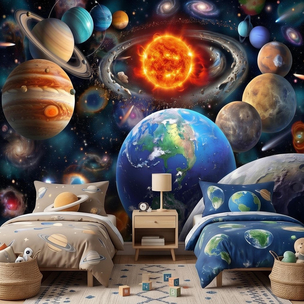 Solar System Peel and Stick Wall Mural, Outer Space Galaxy Planets and Sun, Kids Room Astronomy Decor Wallpaper