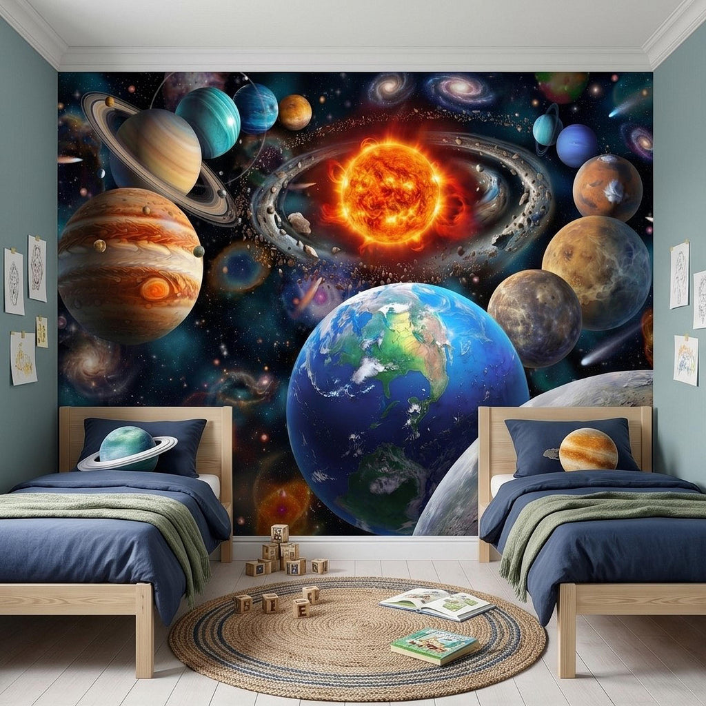 Solar System Peel and Stick Wall Mural, Outer Space Galaxy Planets and Sun, Kids Room Astronomy Decor Wallpaper