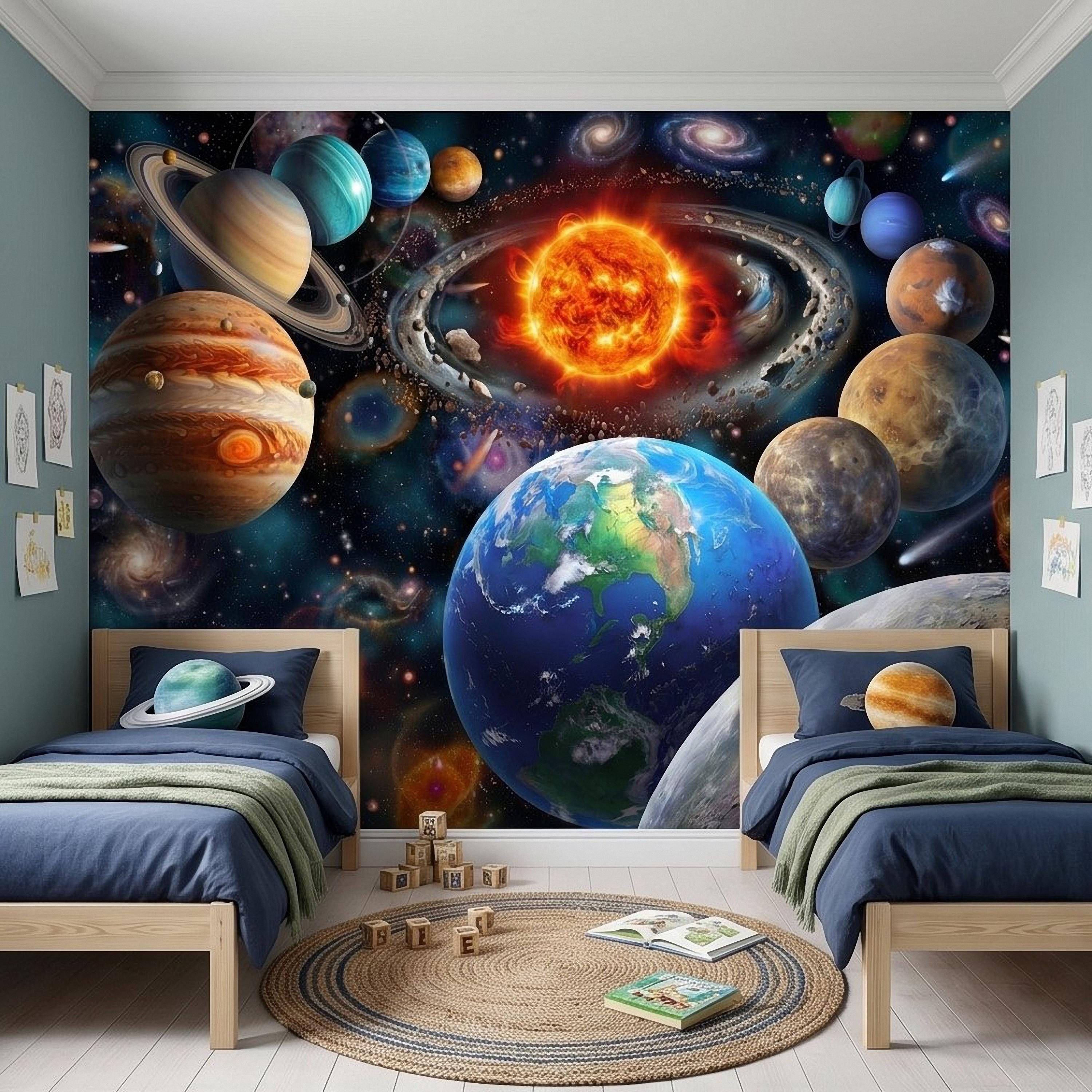 Solar System Peel and Stick Wall Mural, Outer Space Galaxy Planets and Sun, Kids Room Astronomy Decor Wallpaper