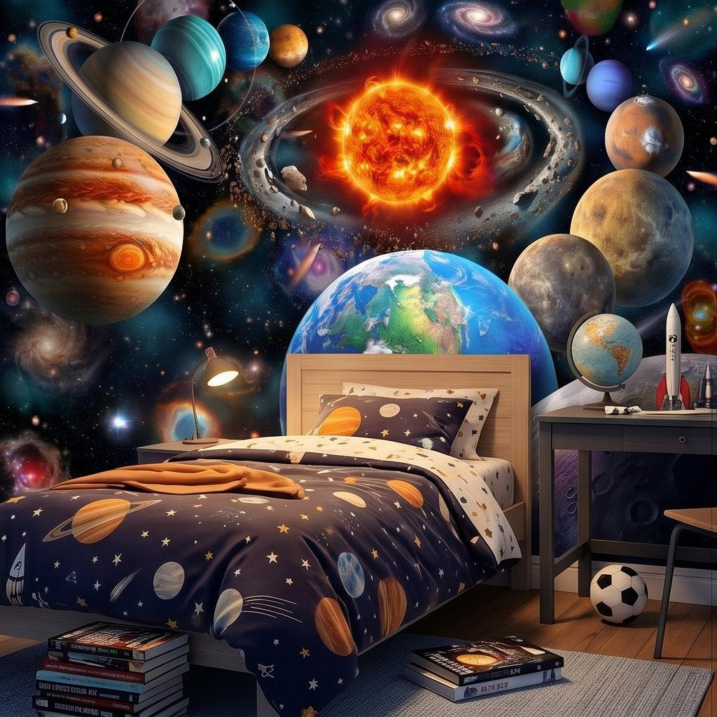 Solar System Peel and Stick Wall Mural, Outer Space Galaxy Planets and Sun, Kids Room Astronomy Decor Wallpaper
