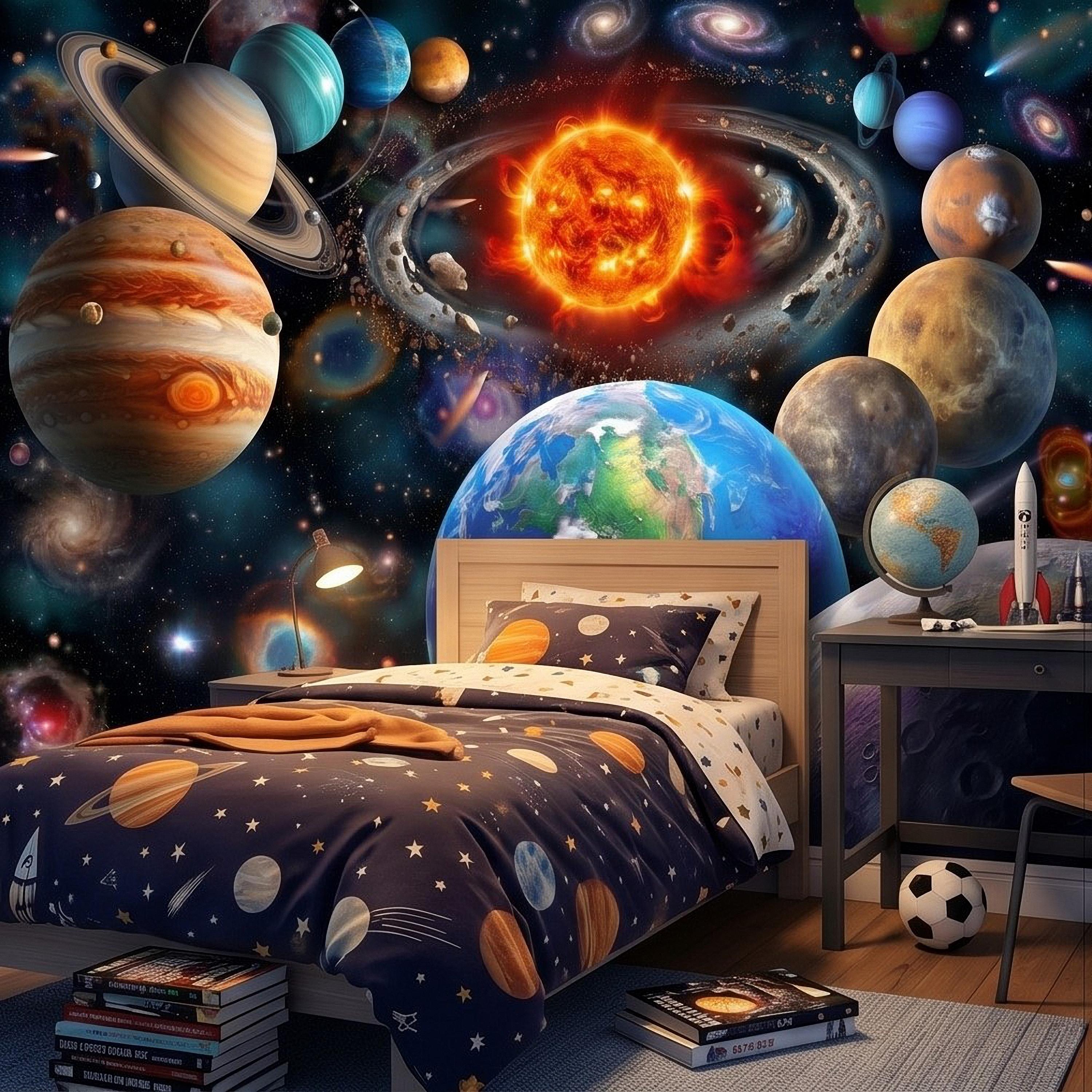 Solar System Peel and Stick Wall Mural, Outer Space Galaxy Planets and Sun, Kids Room Astronomy Decor Wallpaper