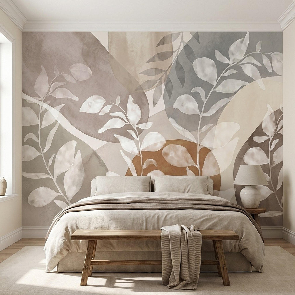 Abstract Botanical Peel and Stick Wall Mural, Neutral Watercolor Leaves, Organic Geometric Shapes, Modern Beige Wallpaper