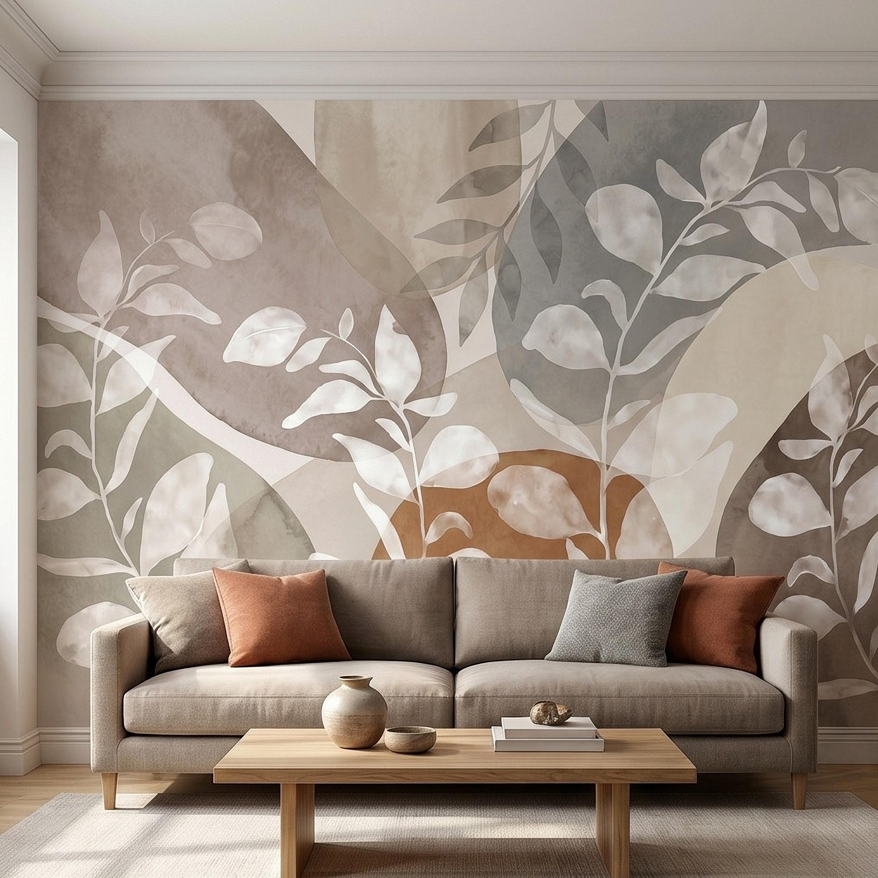 Abstract Botanical Peel and Stick Wall Mural, Neutral Watercolor Leaves, Organic Geometric Shapes, Modern Beige Wallpaper
