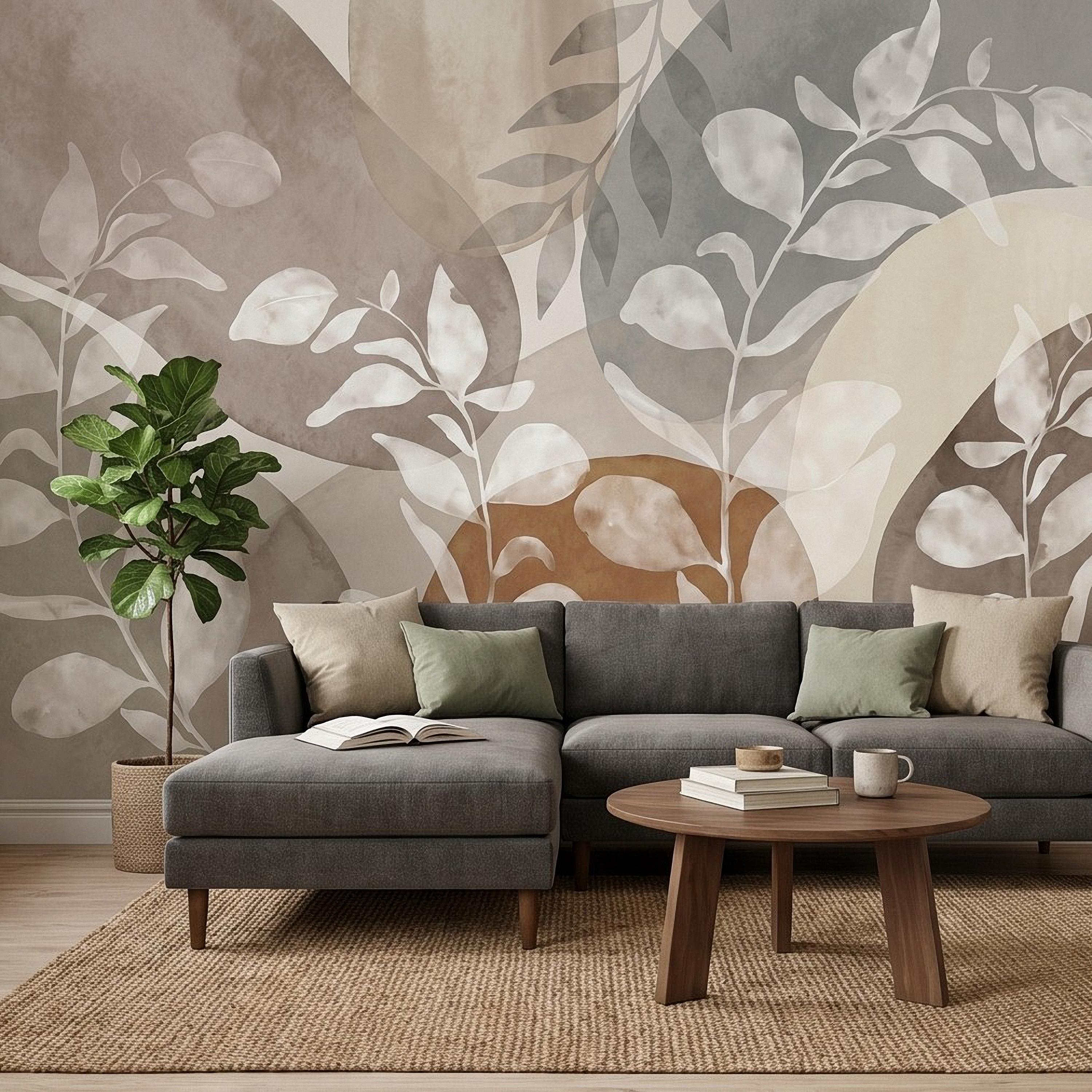 Abstract Botanical Peel and Stick Wall Mural, Neutral Watercolor Leaves, Organic Geometric Shapes, Modern Beige Wallpaper
