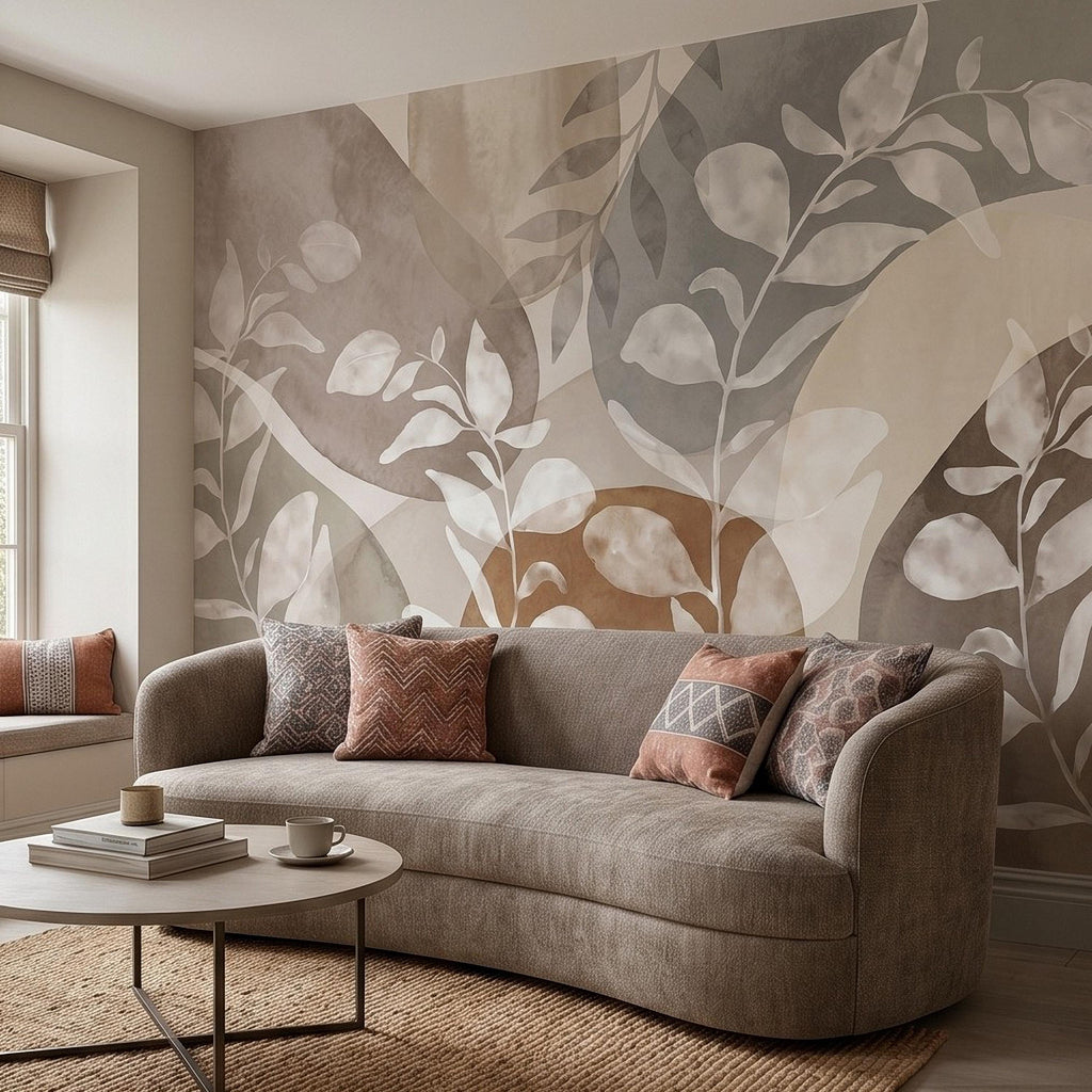 Abstract Botanical Peel and Stick Wall Mural, Neutral Watercolor Leaves, Organic Geometric Shapes, Modern Beige Wallpaper
