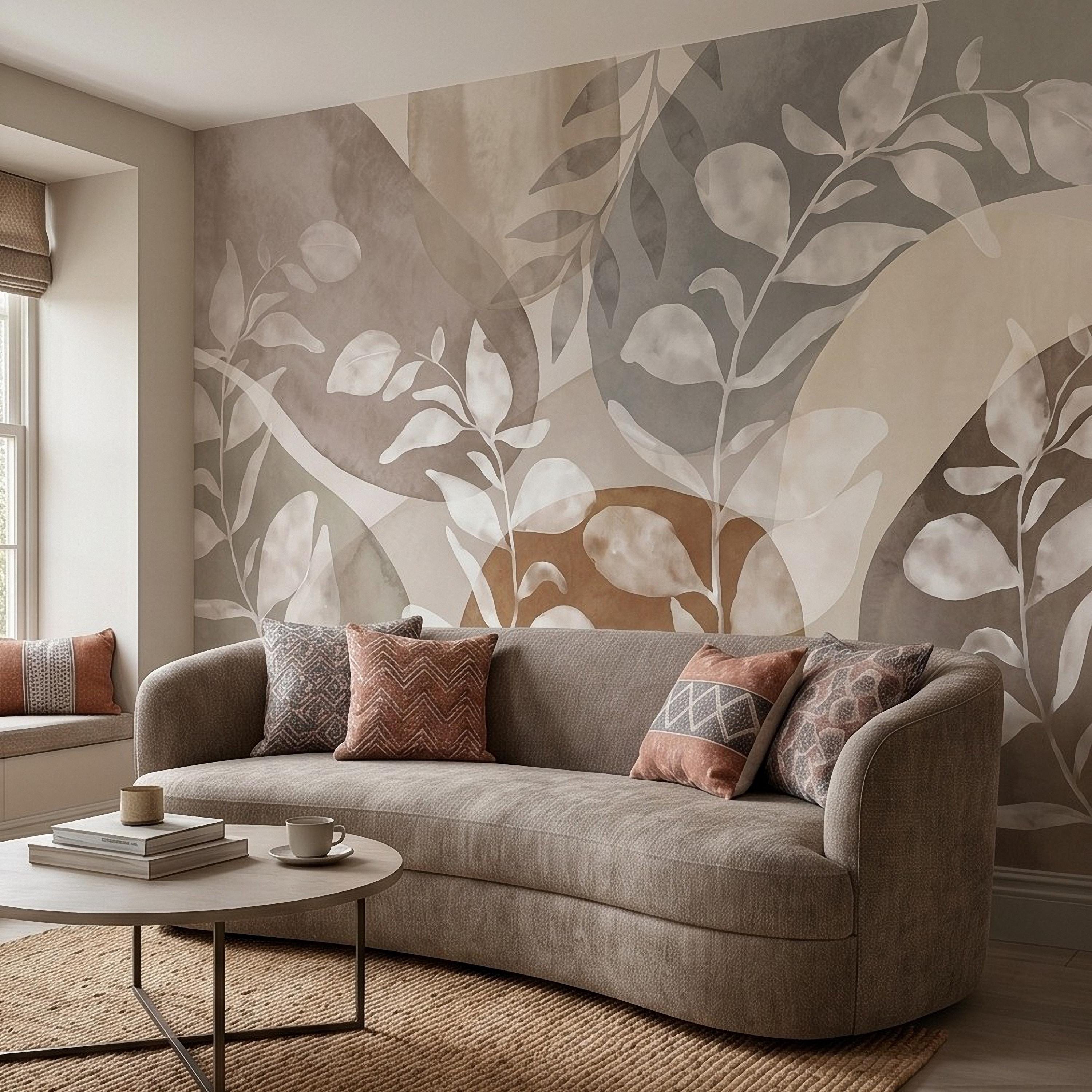 Abstract Botanical Peel and Stick Wall Mural, Neutral Watercolor Leaves, Organic Geometric Shapes, Modern Beige Wallpaper